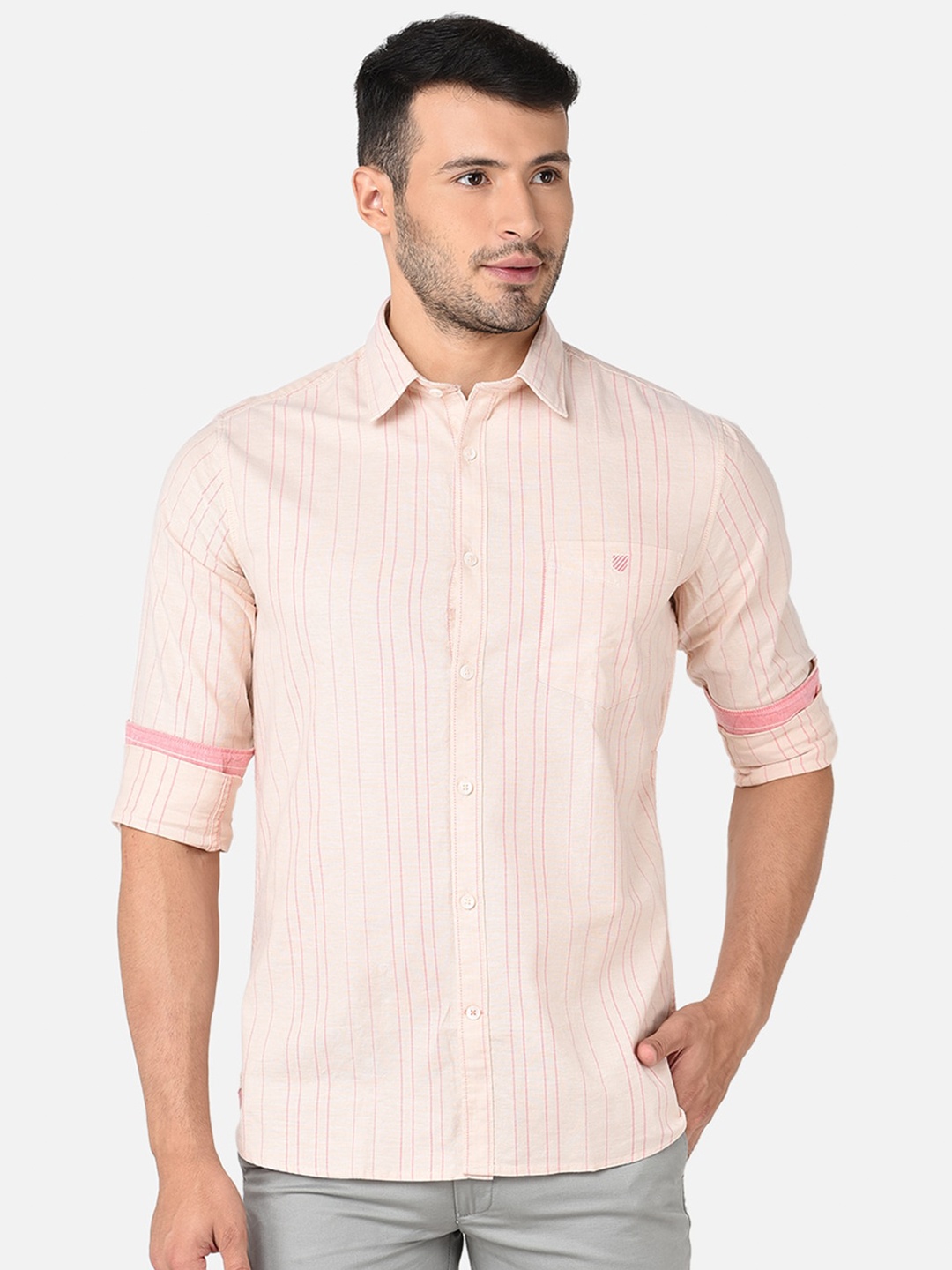 

J Hampstead Men Beige Classic Slim Fit Striped Formal Shirt
