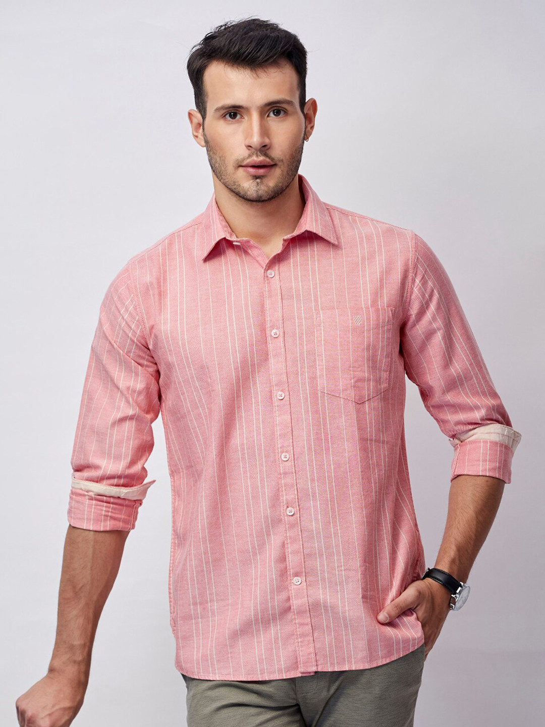 

J Hampstead Men Coral Cotton Classic Slim Fit Striped Casual Shirt