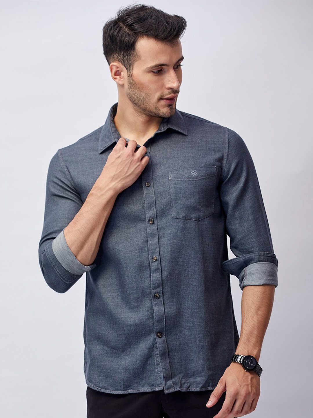 

J Hampstead Men Charcoal Classic Slim Fit Cotton Casual Shirt