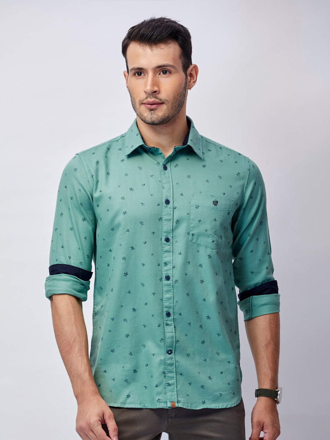 

J Hampstead Men Pastel Green Classic Slim Fit Printed Casual Shirt