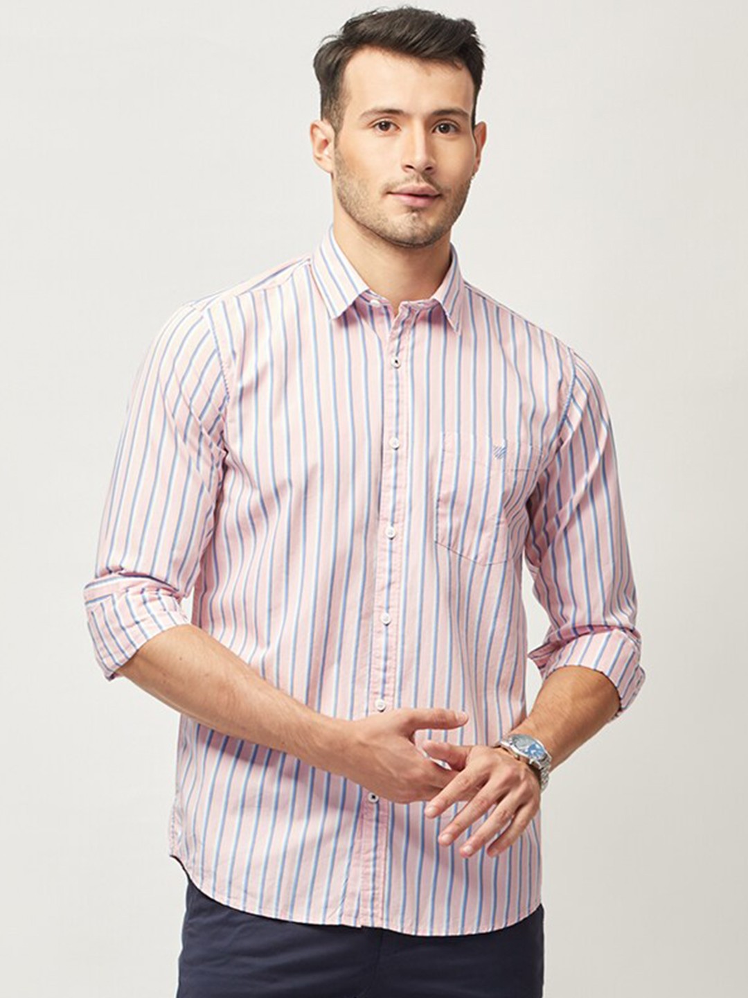 

J Hampstead Men Pink Classic Slim Fit Striped Cotton Casual Shirt