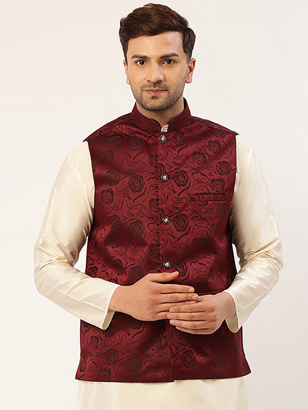 

Jompers Men Maroon & Black Woven Design Nehru Jackets