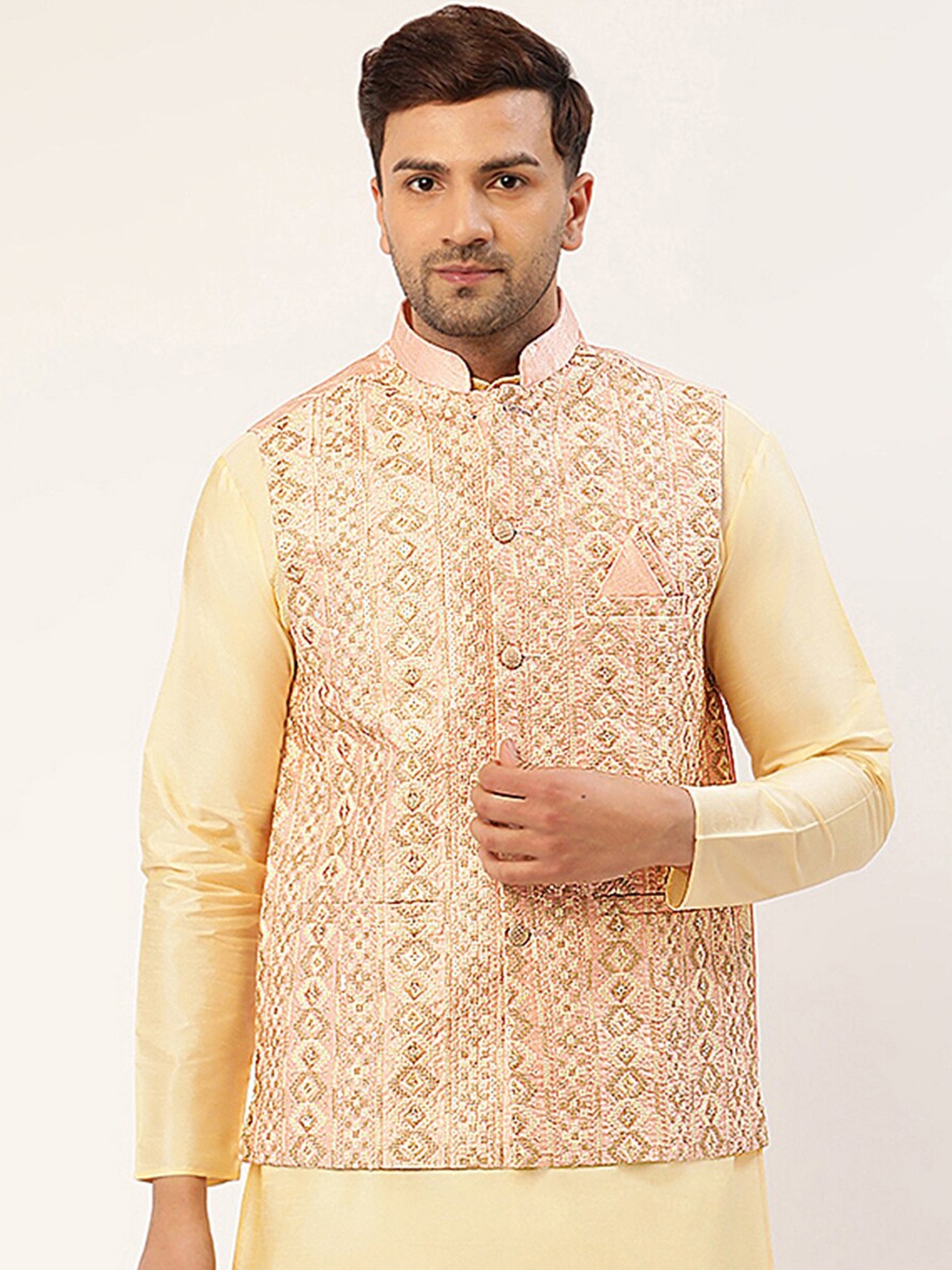 

Jompers Men Rose-Gold Embroidered Woven Regular Fit Nehru Jacket