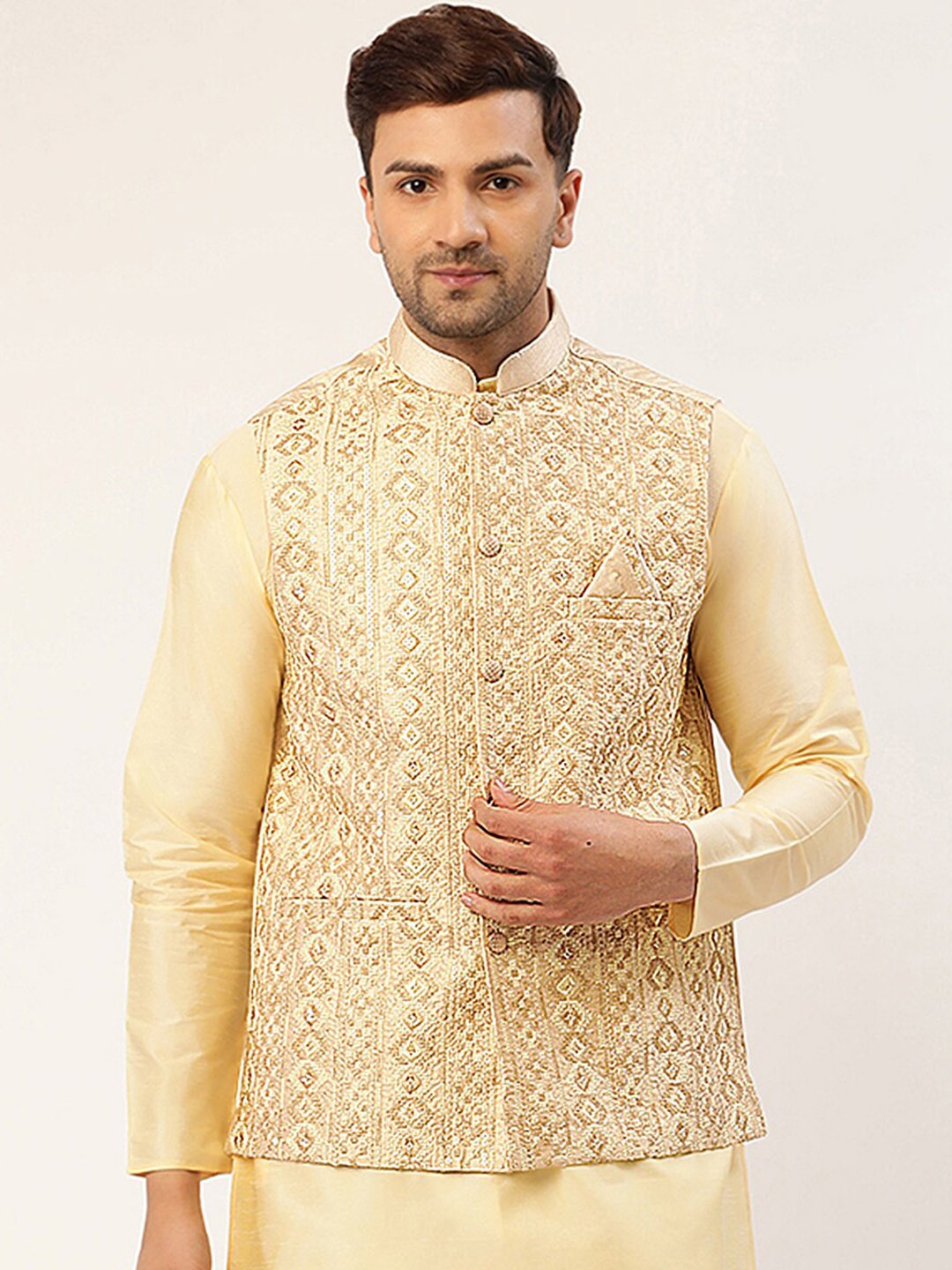 

Jompers Men Cream & Gold-Colured Embroidered Woven Nehru Jacket