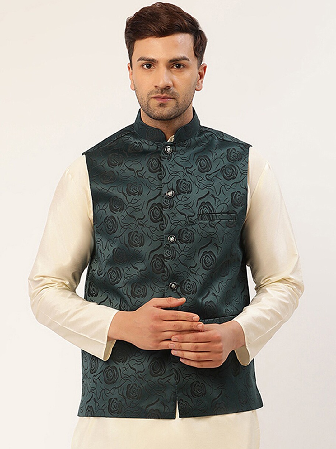 

Jompers Men Teal Blue & Black Woven Design Woven Cotton Silk Nehru Jackets