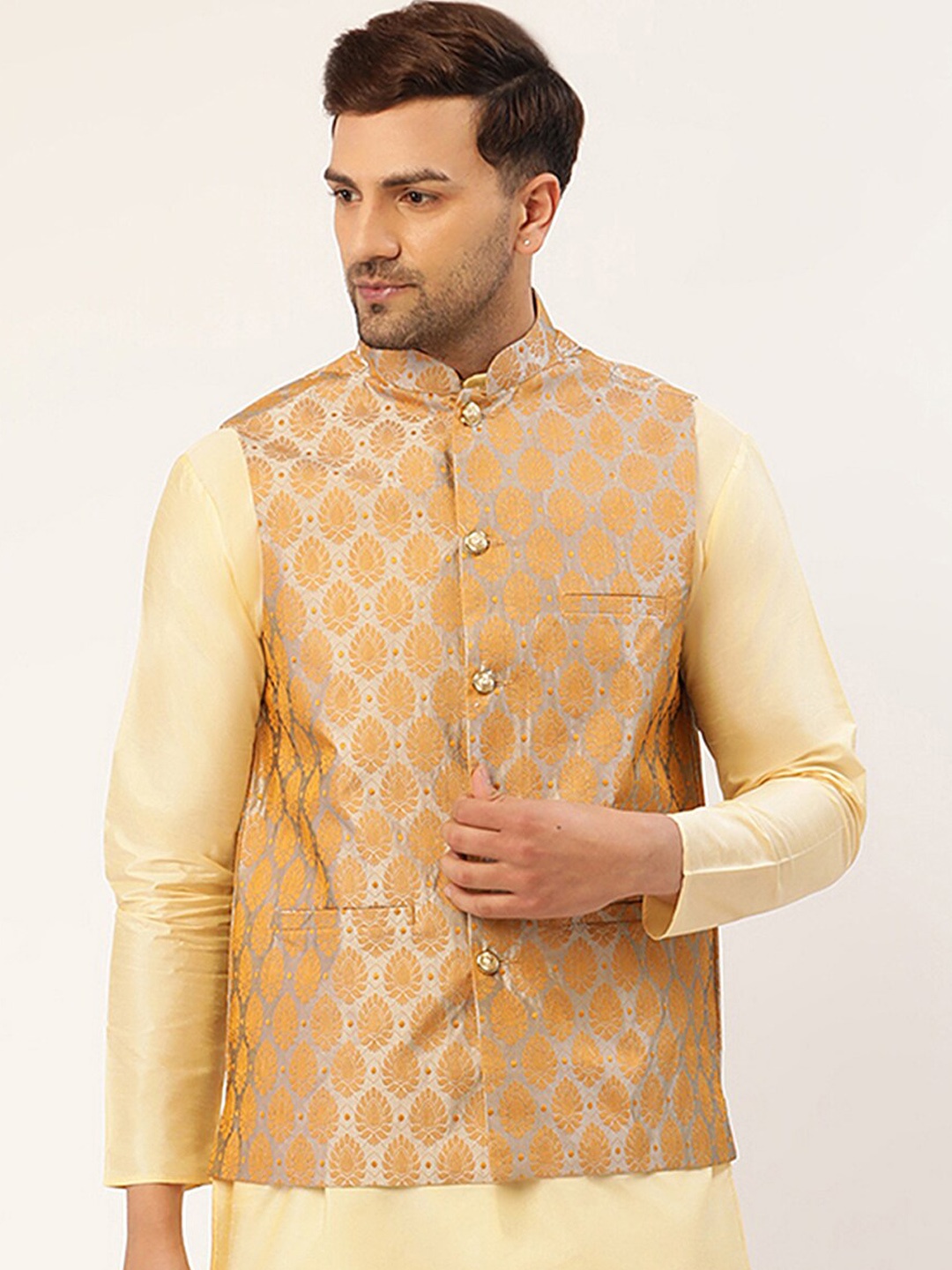 

Jompers Men Silver & Golden Coloured Woven Design Nehru Jackets