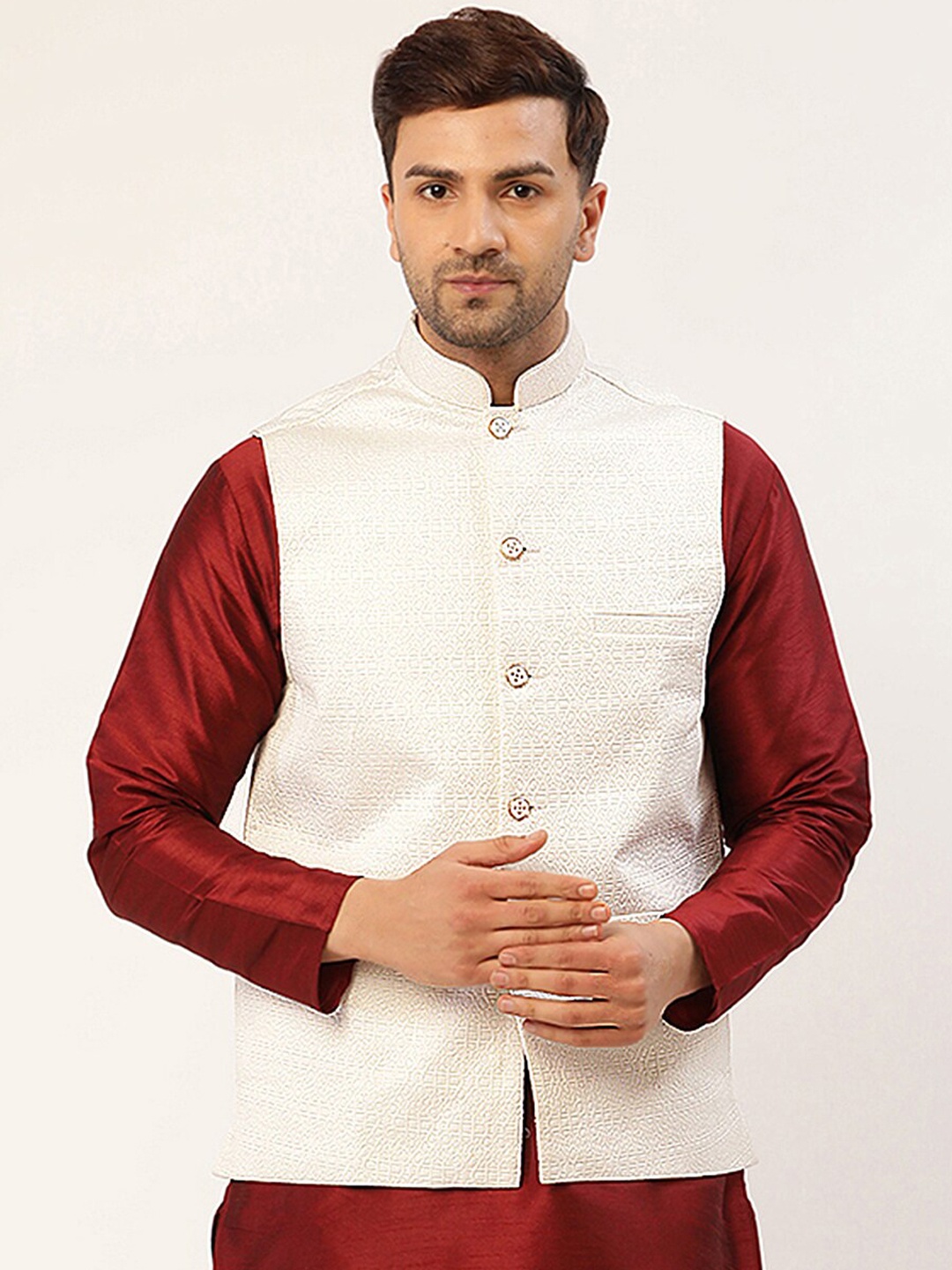 

Jompers Men White & Gold-Coloured Embossed Nehru Jacket