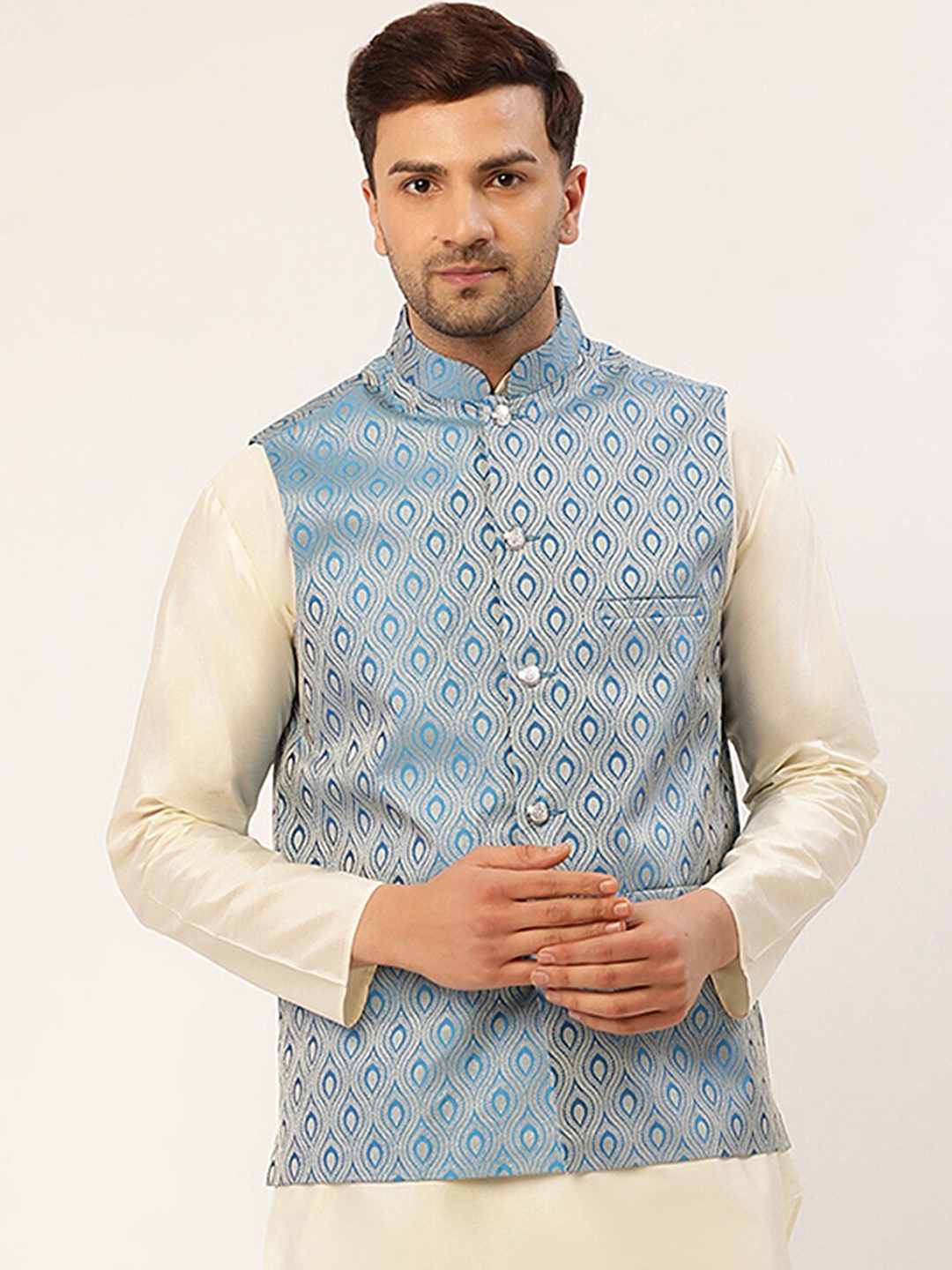 

Jompers Men Sky Blue Woven Design Nehru Jacket