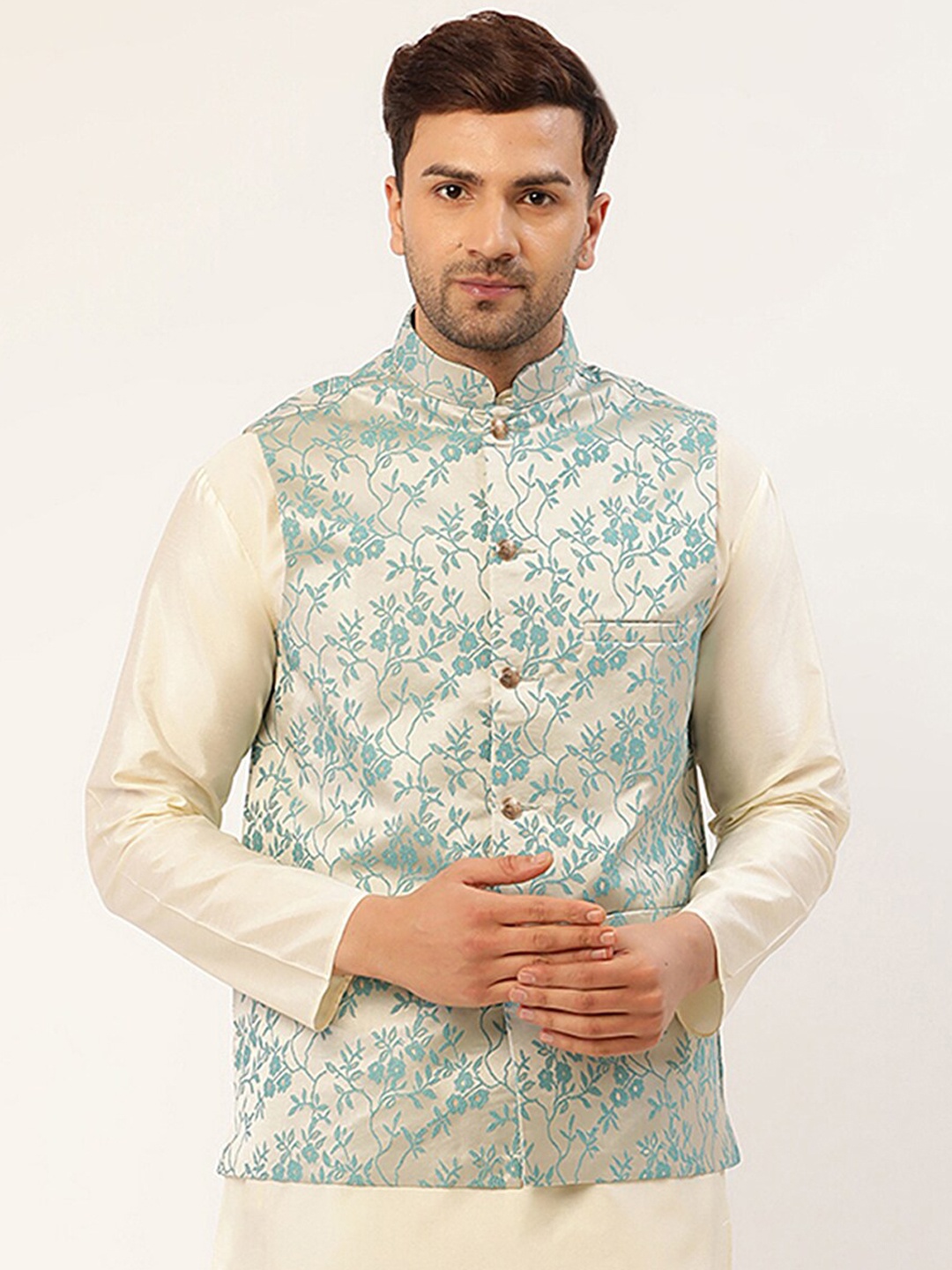 

Jompers Men Cream & Blue Woven Design Nehru Jacket