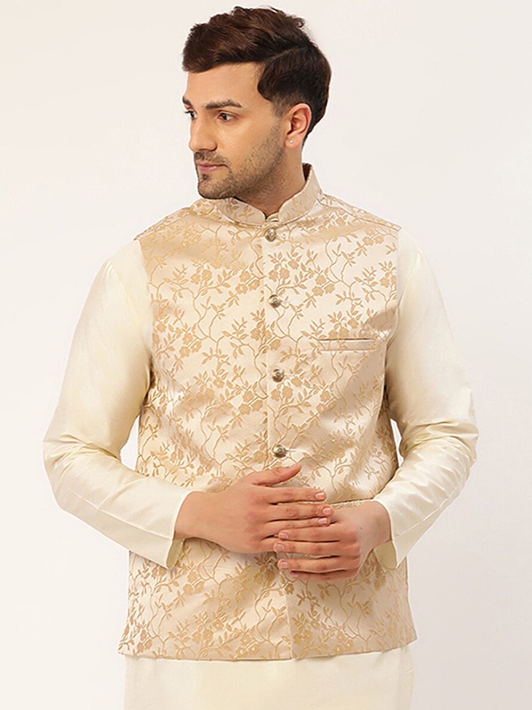 

Jompers Men Beige Woven Design Nehru Jackets