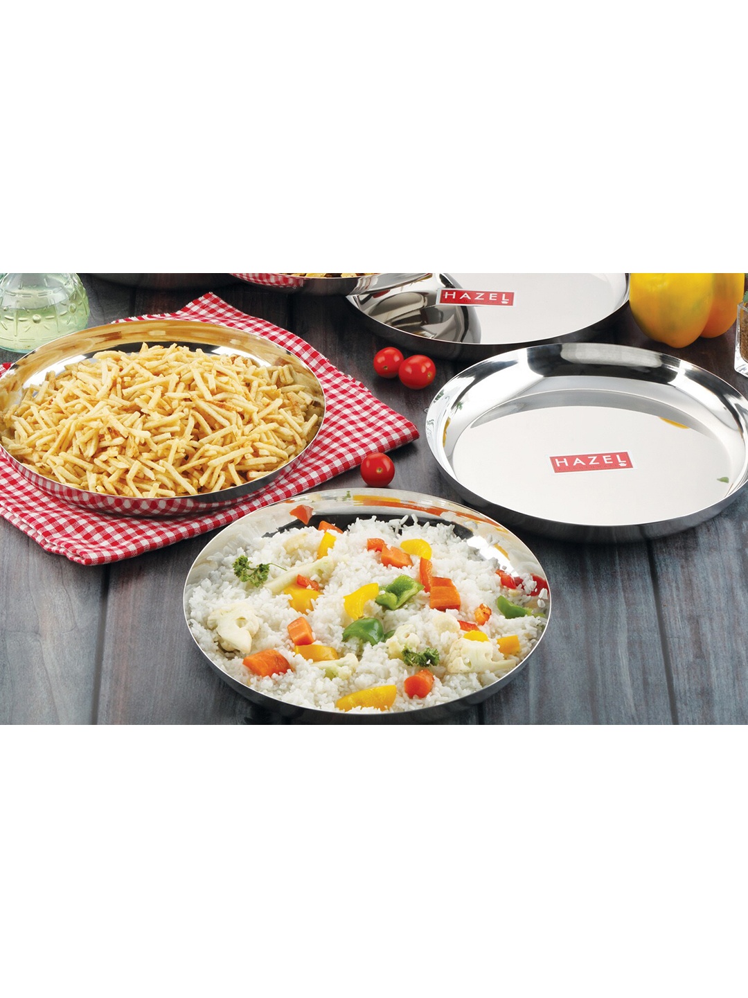 

HAZEL Silver-Toned Set of 3 Pieces Stainless Steel Glossy Plates