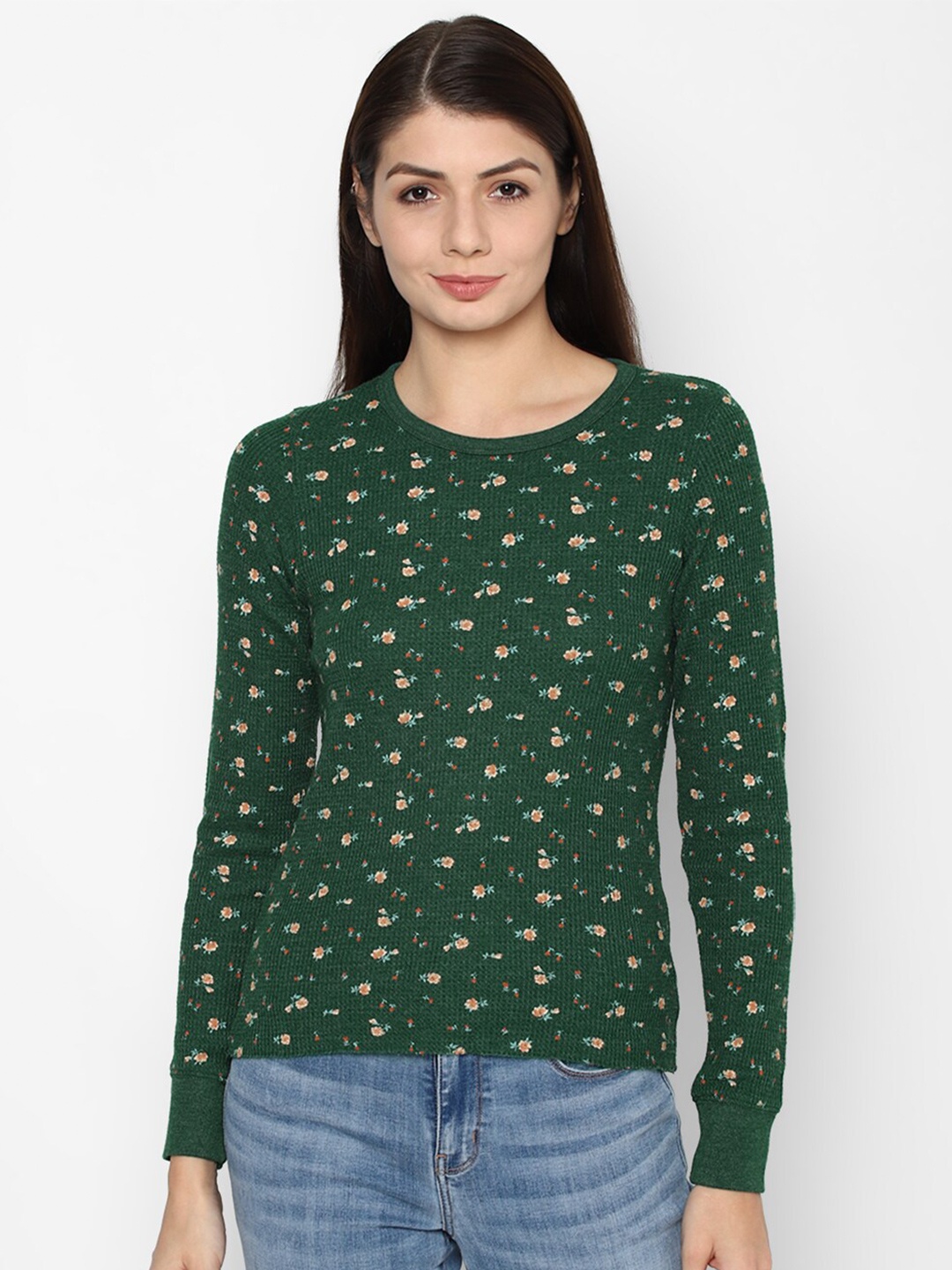 

AMERICAN EAGLE OUTFITTERS Women Green & Beige Floral Printed T-shirt