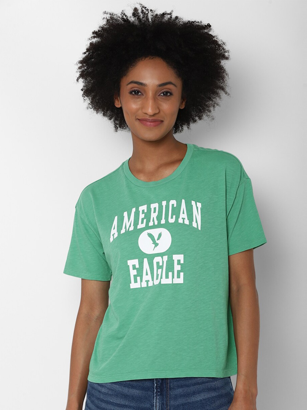 

AMERICAN EAGLE OUTFITTERS Women Green & White Brand Logo Printed Pure Cotton T-shirt