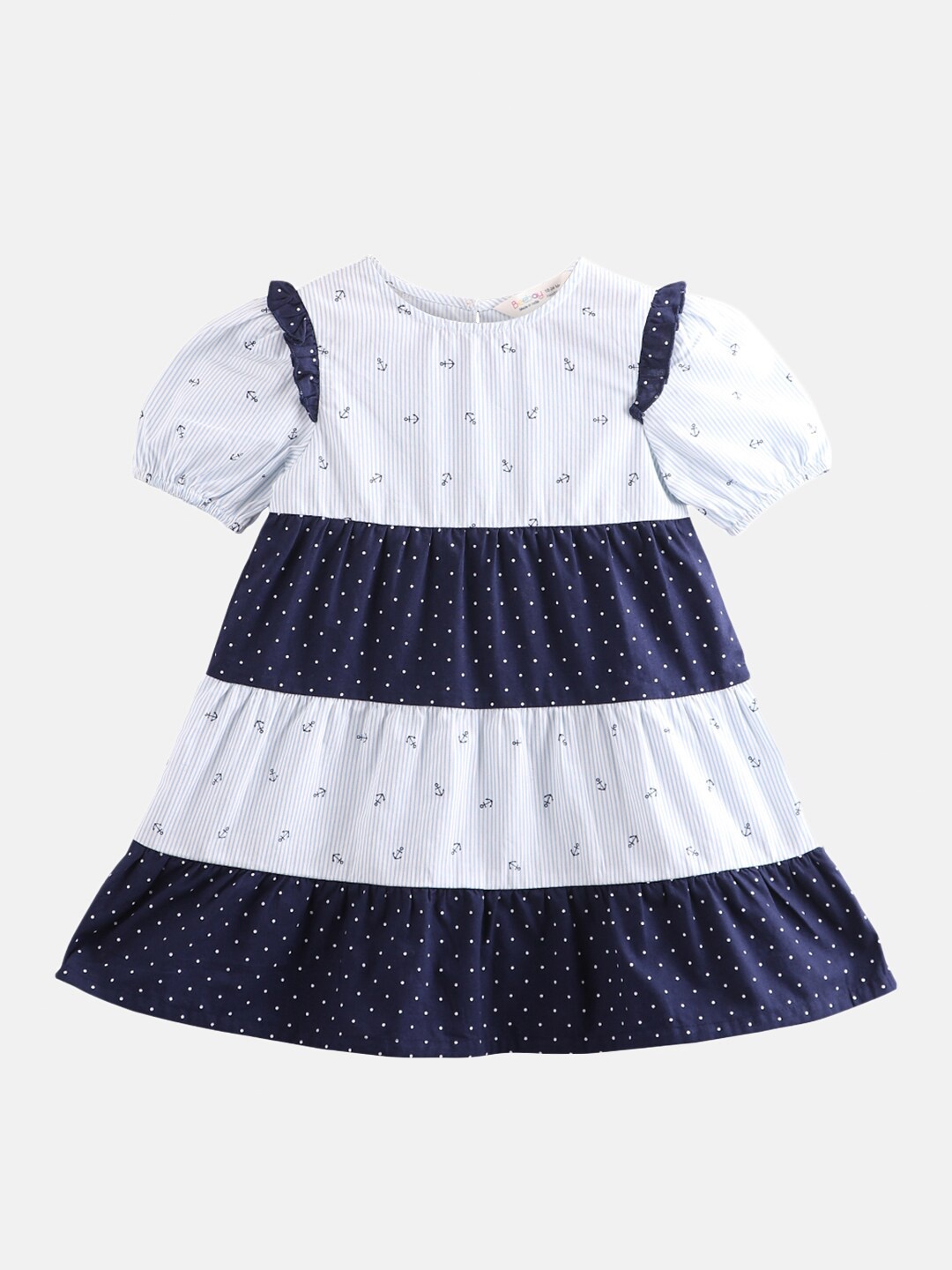 

Beebay Girls Blue & White Cotton Polka Dots Tiered A-Line Dress