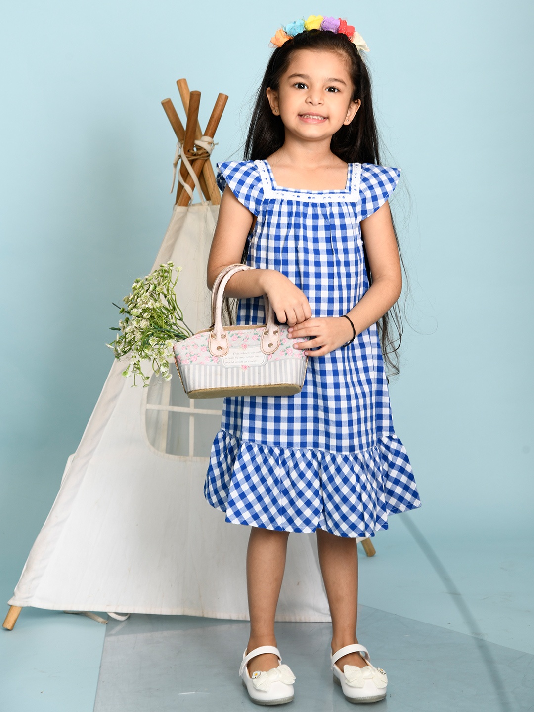 

Beebay Girls Blue & White Checked Squared Neck Cotton A-Line Dress