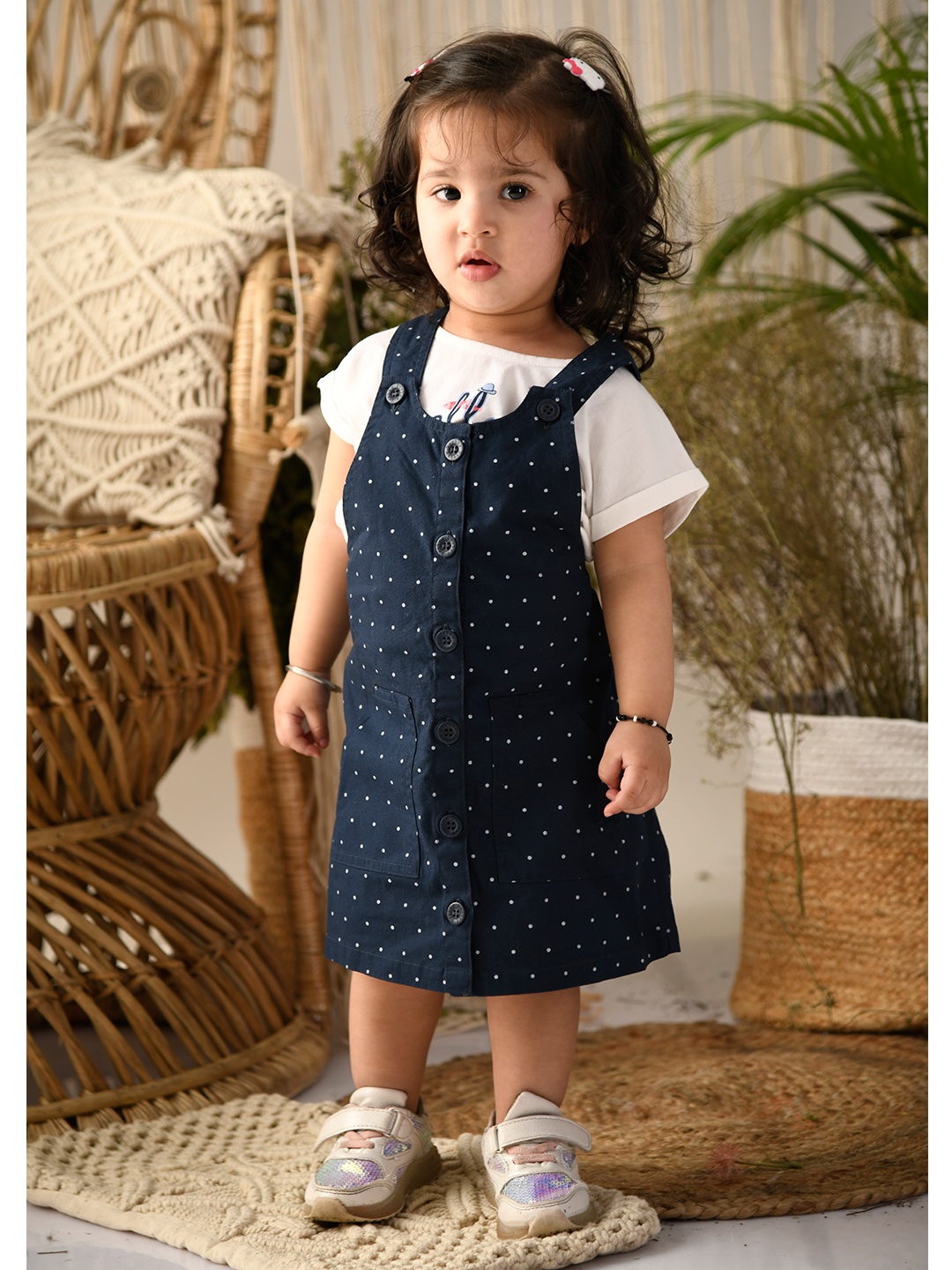 

Beebay Girls Navy Blue Cotton Polka Dot Printed Pinafore Dress