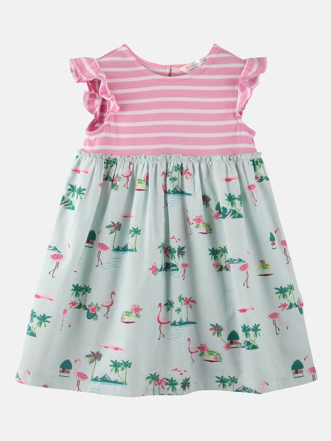 

Beebay Girls Pink & White Printed Round Neck Cotton A-Line Dress