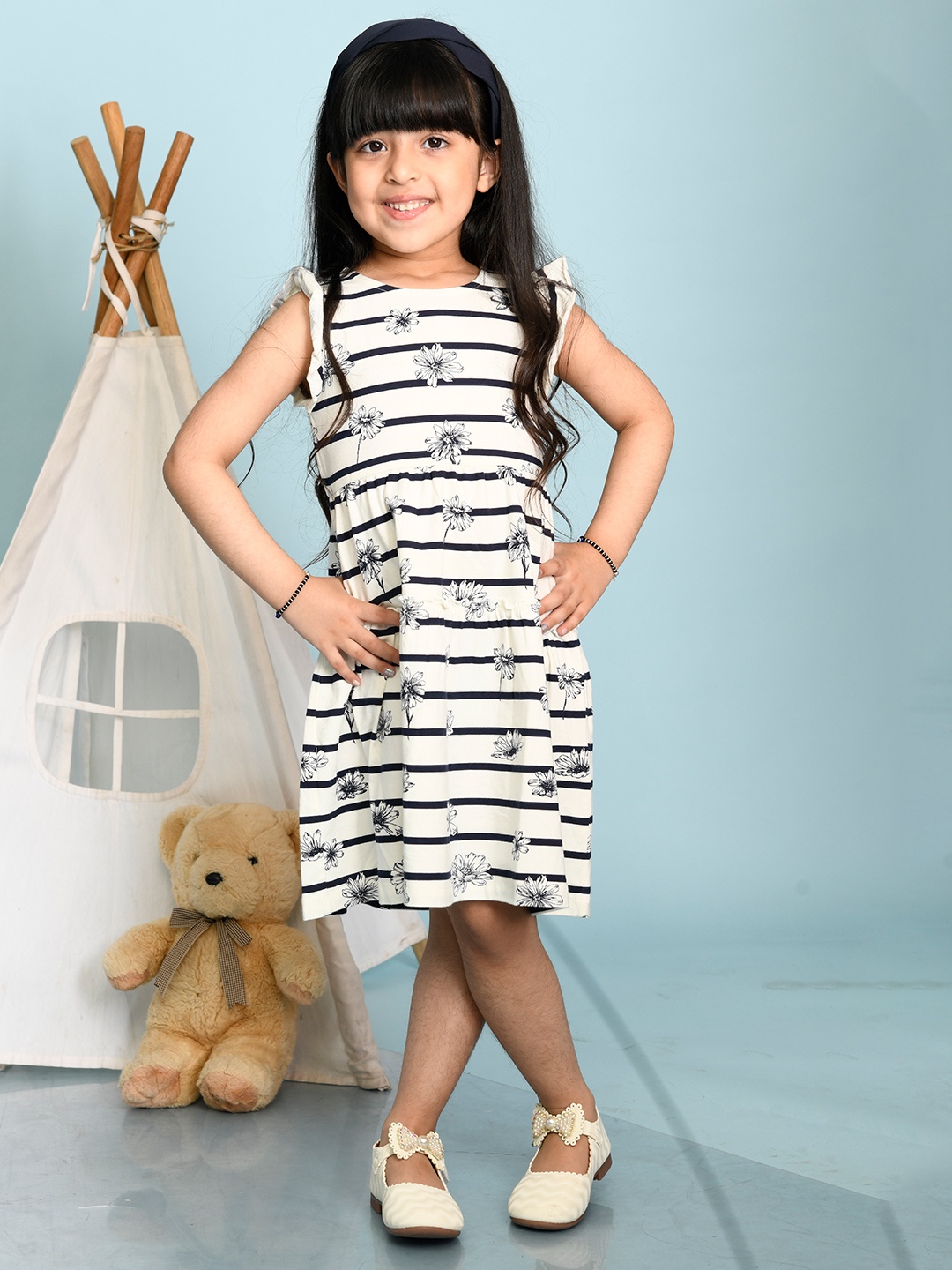 

Beebay Girls White & Black Floral Striped Tiered Dress
