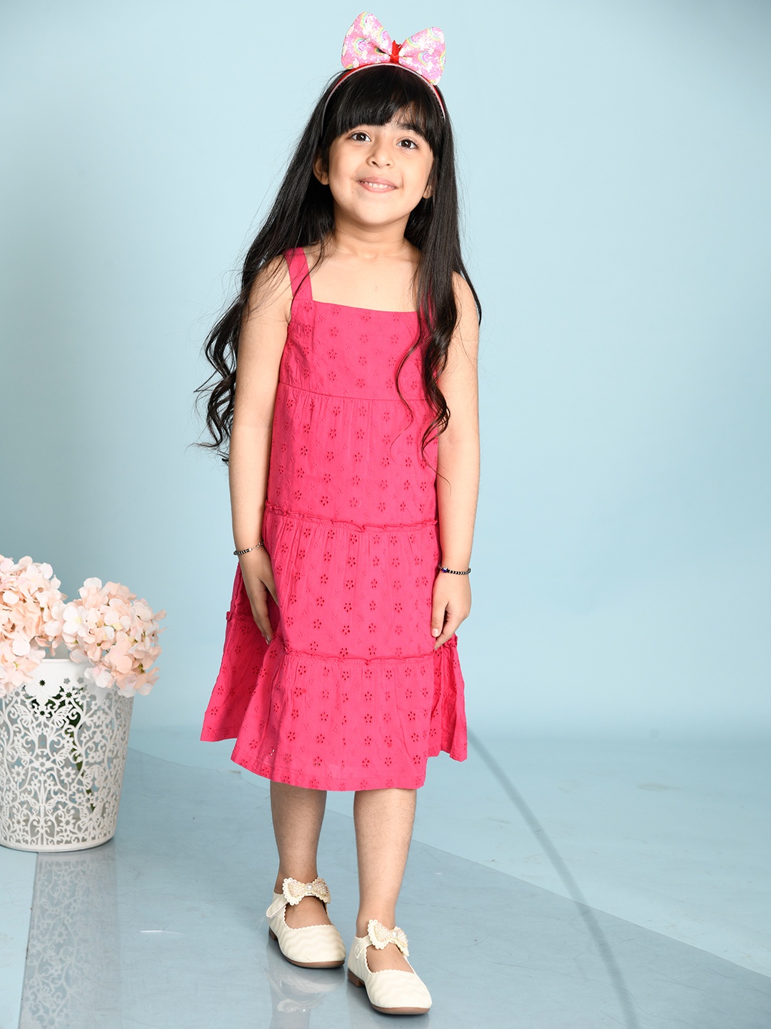 

Beebay Girls Fuchsia Cotton Schiffli Embroidered Tiered A-Line Dress