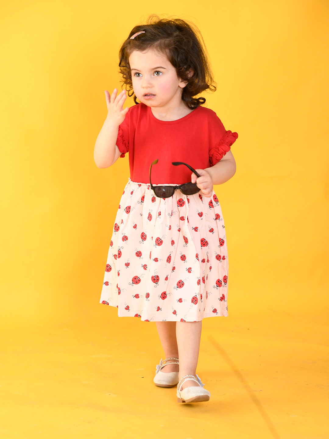 

Beebay Girls Red & Pink Printed Round Neck Cotton Fit & Flare Dress