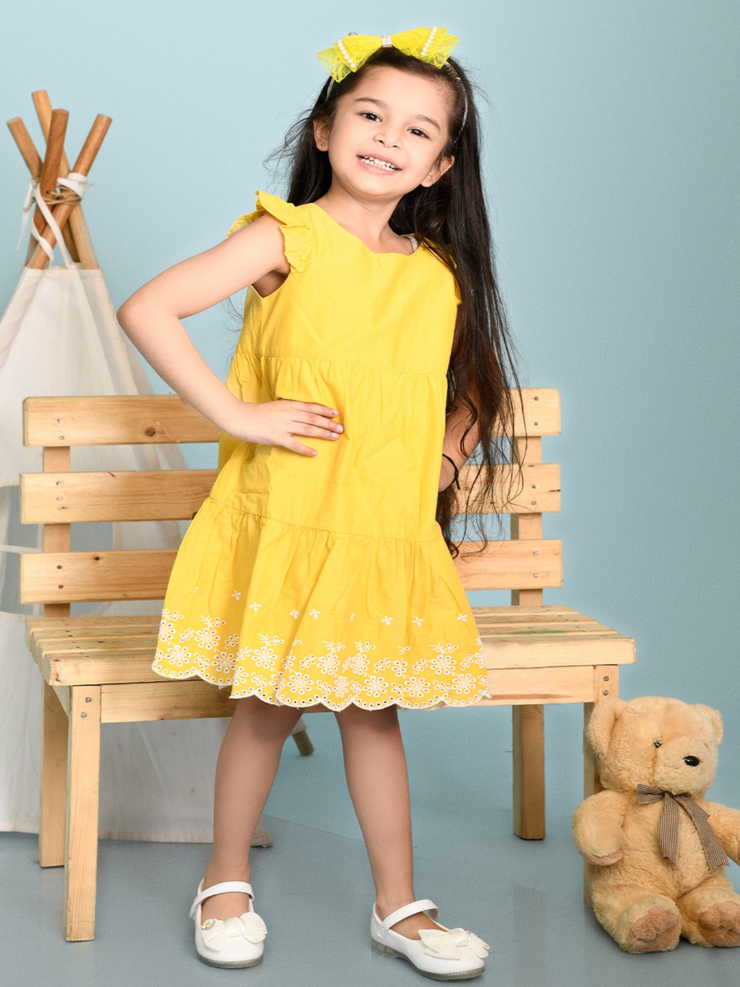 

Beebay Girls Yellow Cotton Schiffli Embroidered A-Line Dress