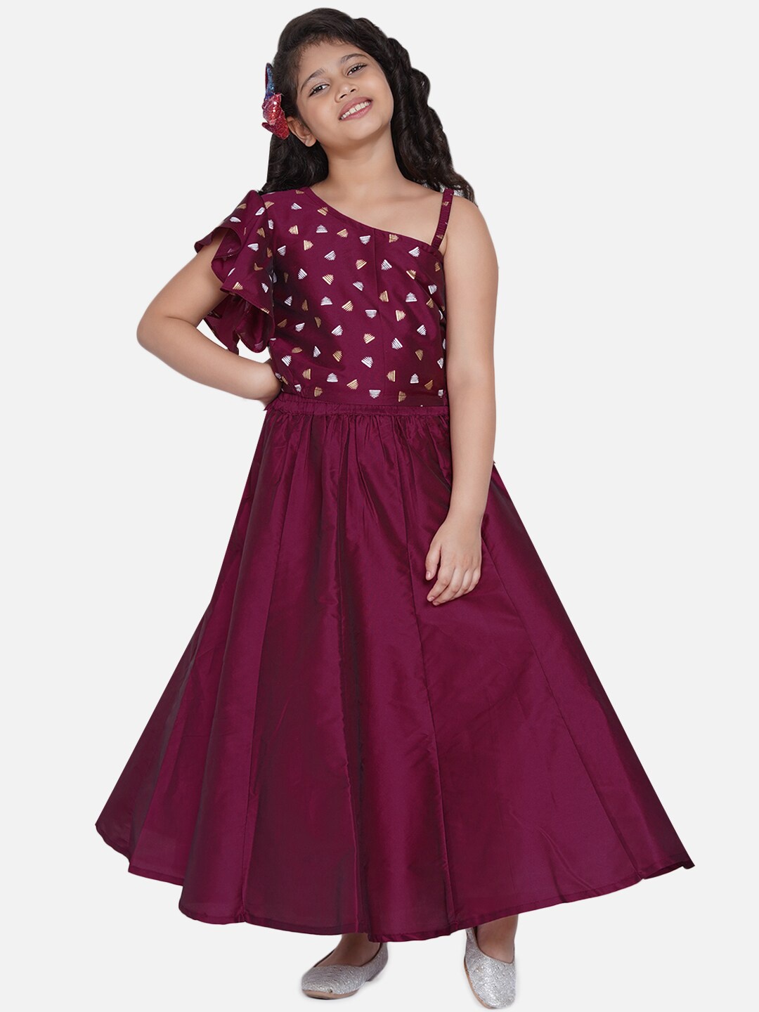 

Bitiya by Bhama Girls Maroon & Gold-Toned Printed Ready to Wear Lehenga Choli