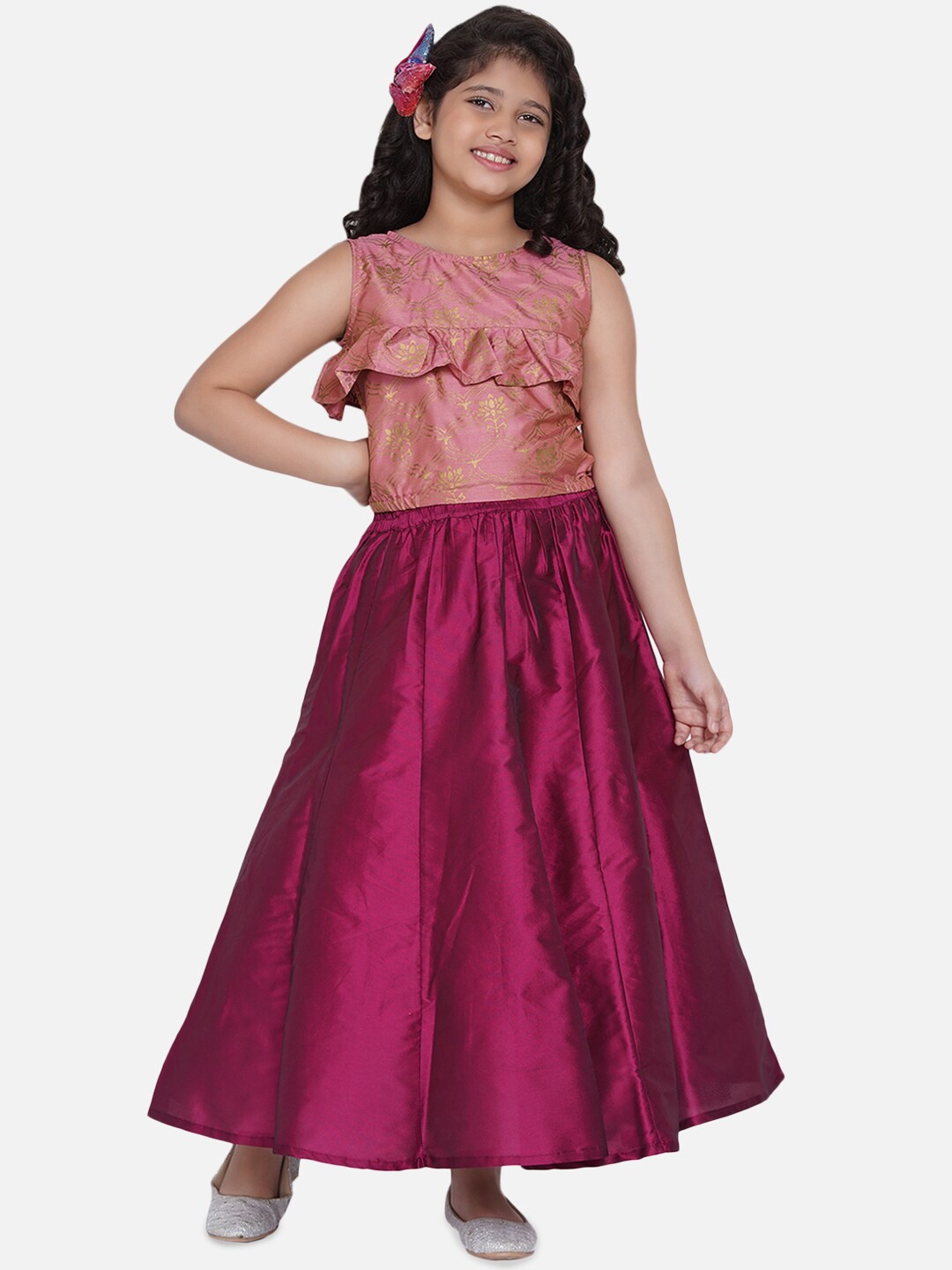 

Bitiya by Bhama Girls Maroon & Pink Printed Ready to Wear Lehenga &