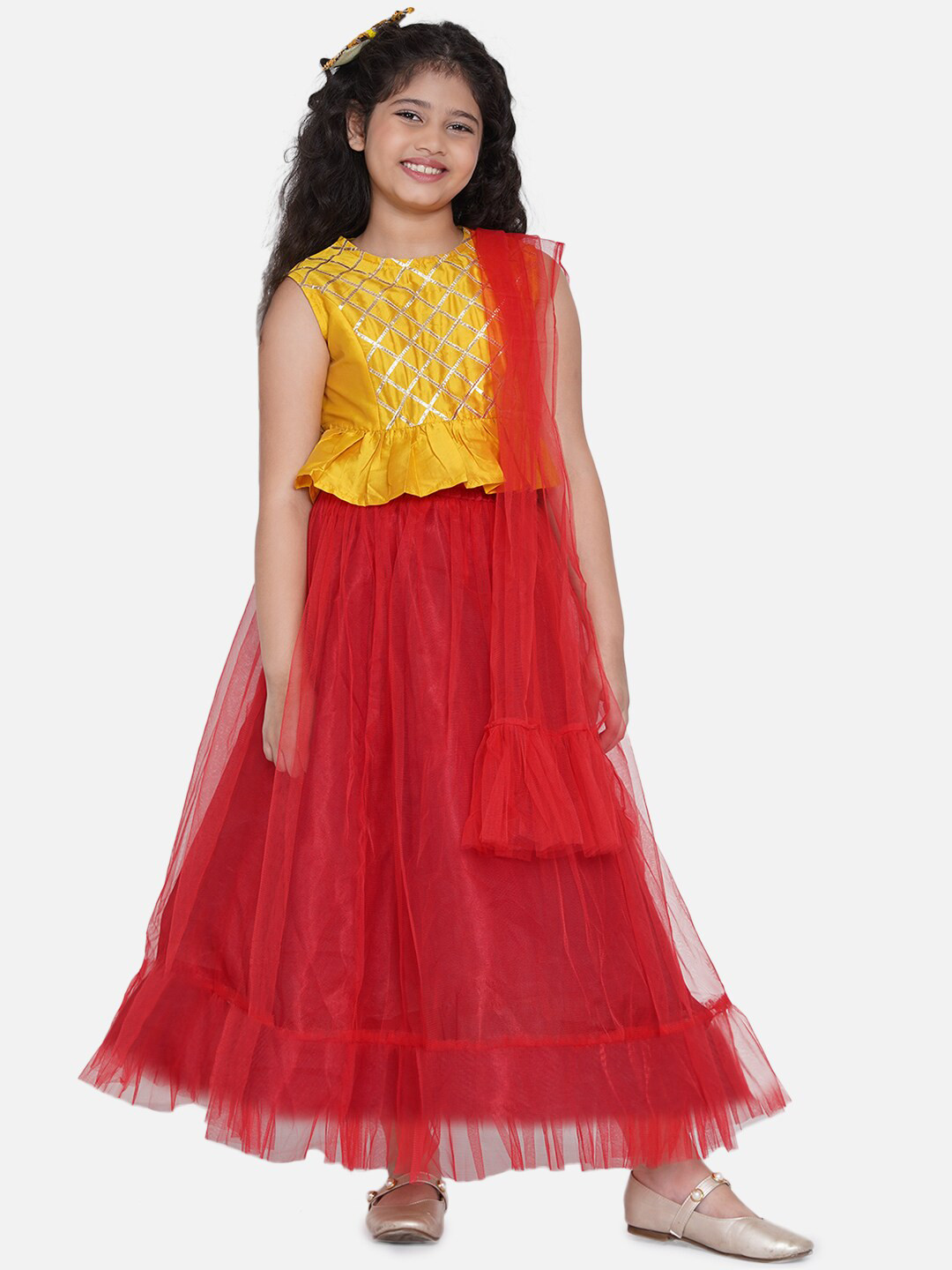 

Bitiya by Bhama Girls Red & Mustard Embellished Ready to Wear Lehenga & Blouse With Dupatta