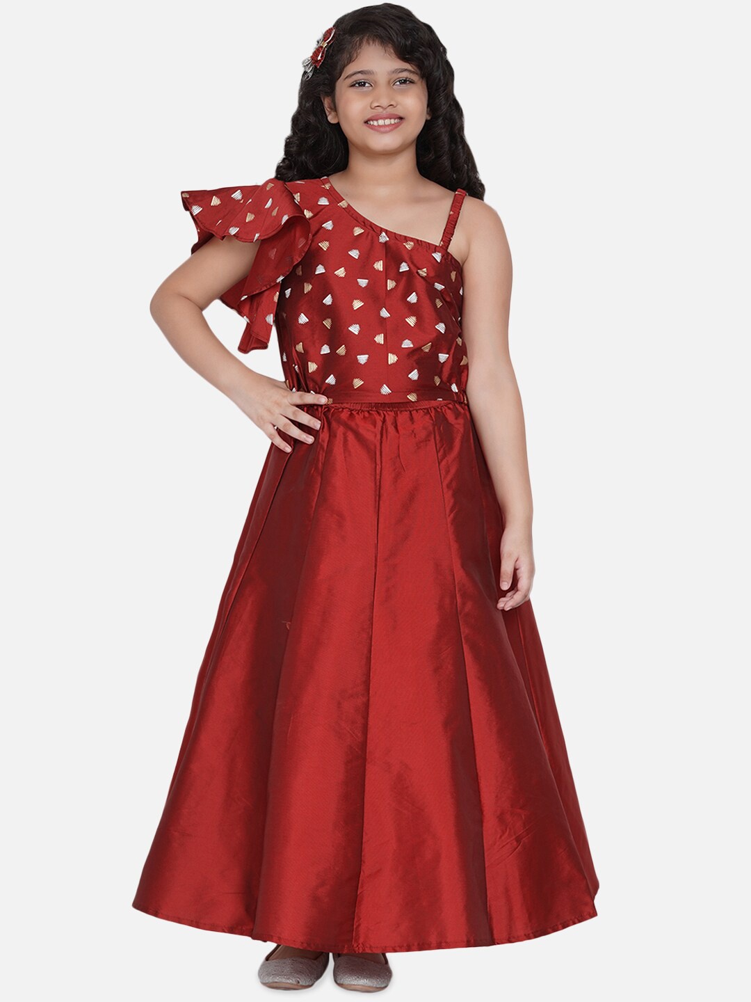 

Bitiya by Bhama Girls Maroon & Gold One Off-Shoulder Ethnic A-Line Midi Dress