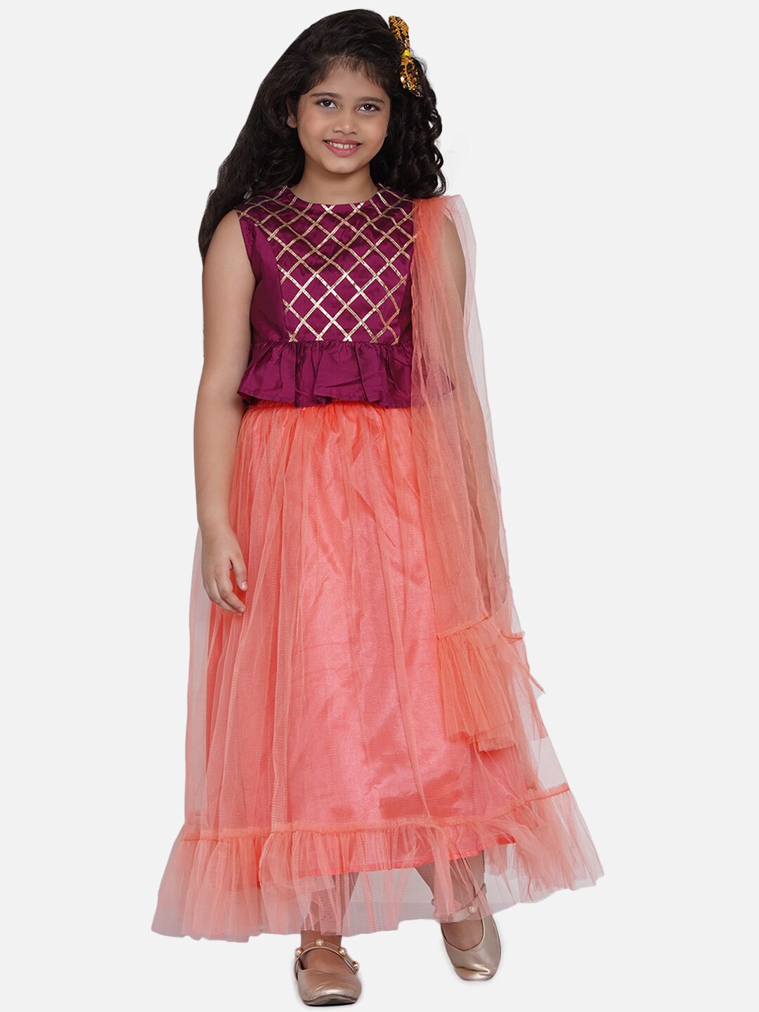 

Bitiya by Bhama Girls Peach & Burgundy Gold-Toned Ready To Wear Lehenga Choli with Dupatta