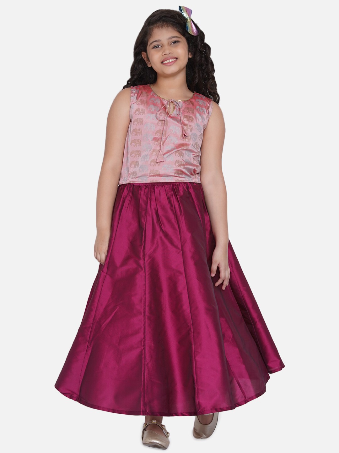 

Bitiya by Bhama Girls Maroon & Pink Printed Ready to Wear Lehenga Choli
