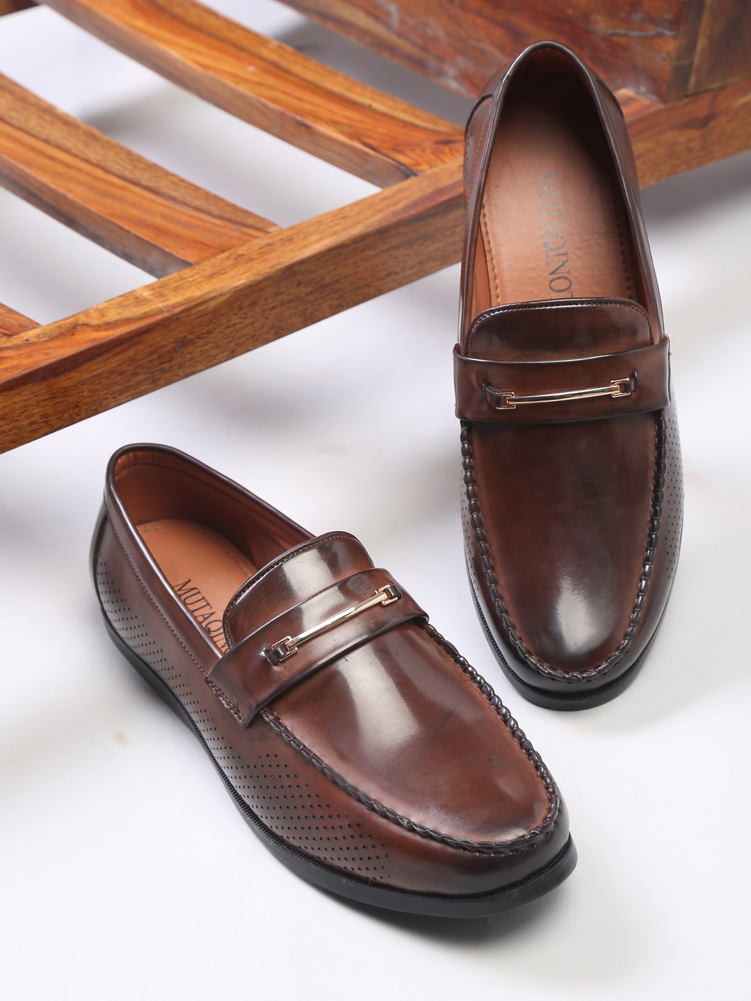 

MUTAQINOTI Men Brown Patent Leather Loafers