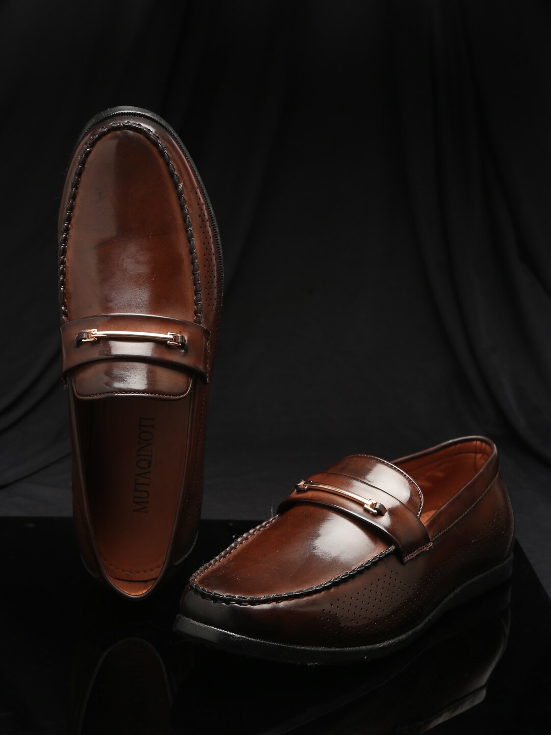 

MUTAQINOTI Men Brown Perforations Patent Leather Loafers