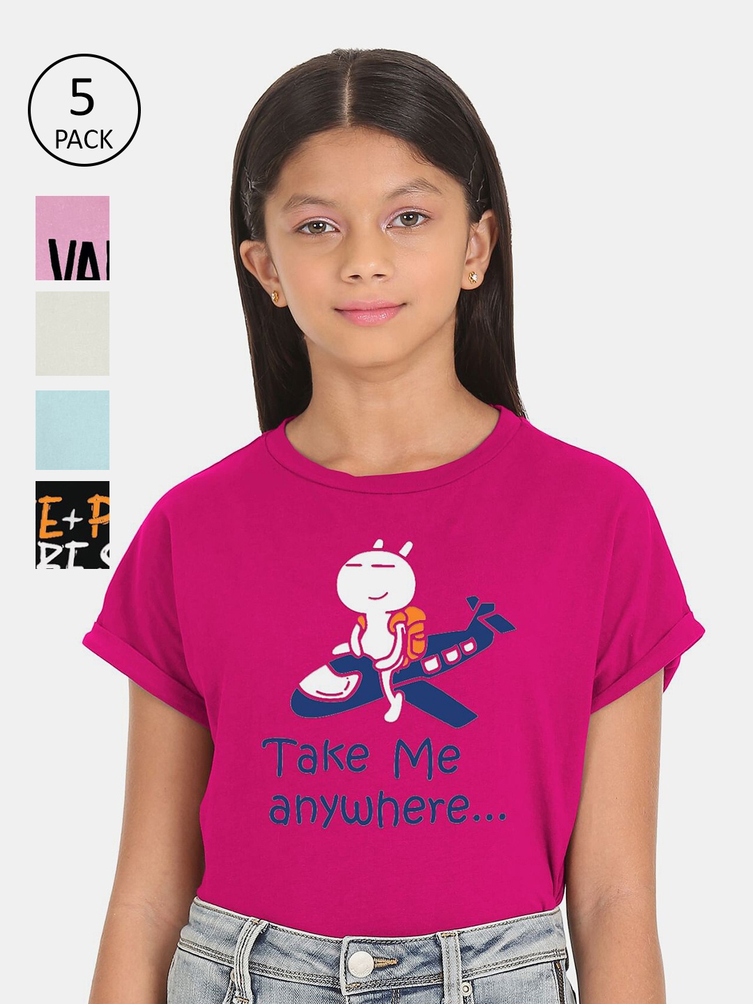 

SUGR Girl Girls Pack of 5 Black & Blue Cotton Graphic Printed T-shirt