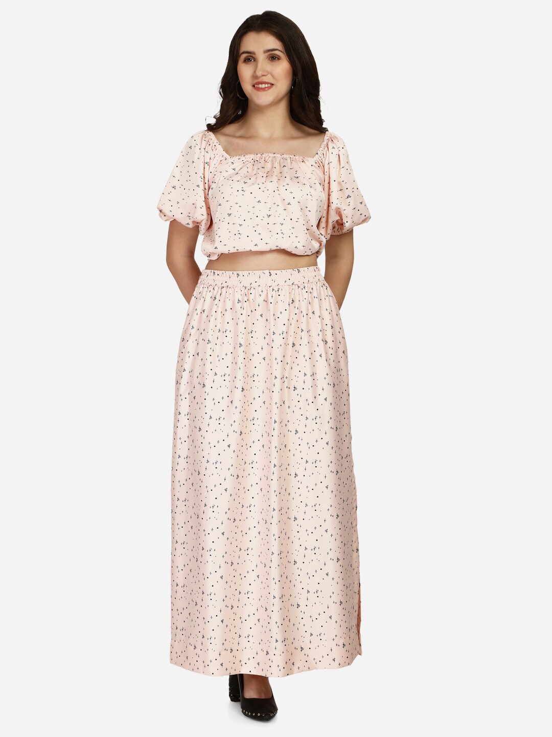 Smarty Pants Women Pink & Black Printed Silk Satin Top With Skirt
