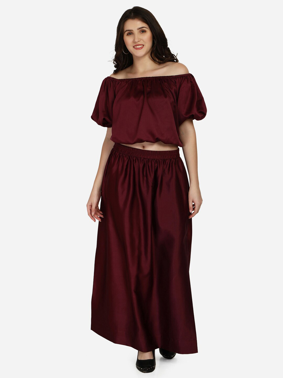 

Smarty Pants Women Burgundy Silk Satin Off Shoulder Top With Skirt