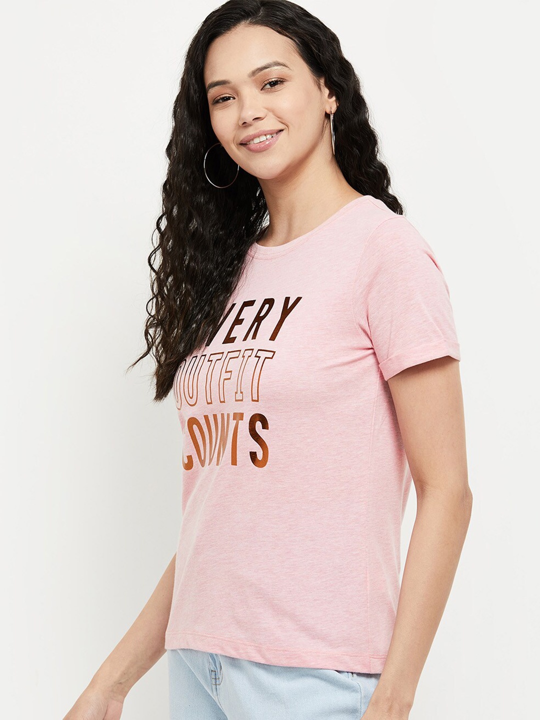 

max Women Pink Typography Printed Cotton T-shirt