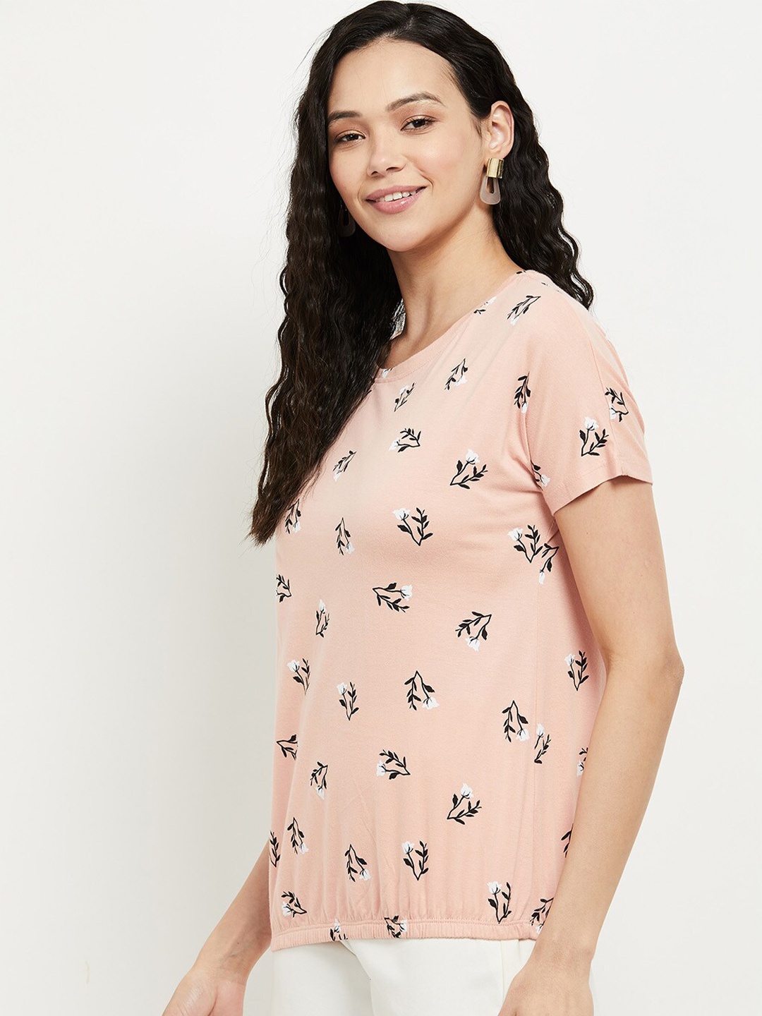 

max Women Peach-Coloured & Black Floral Printed Extended Sleeves Cotton T-shirt
