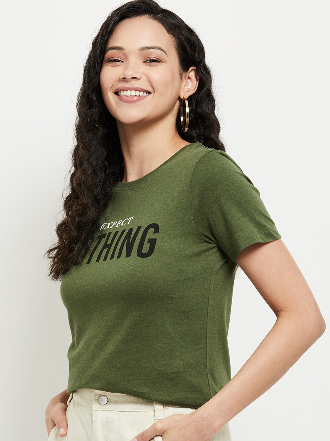

max Women Green & Black Typography Printed Pure Cotton T-shirt