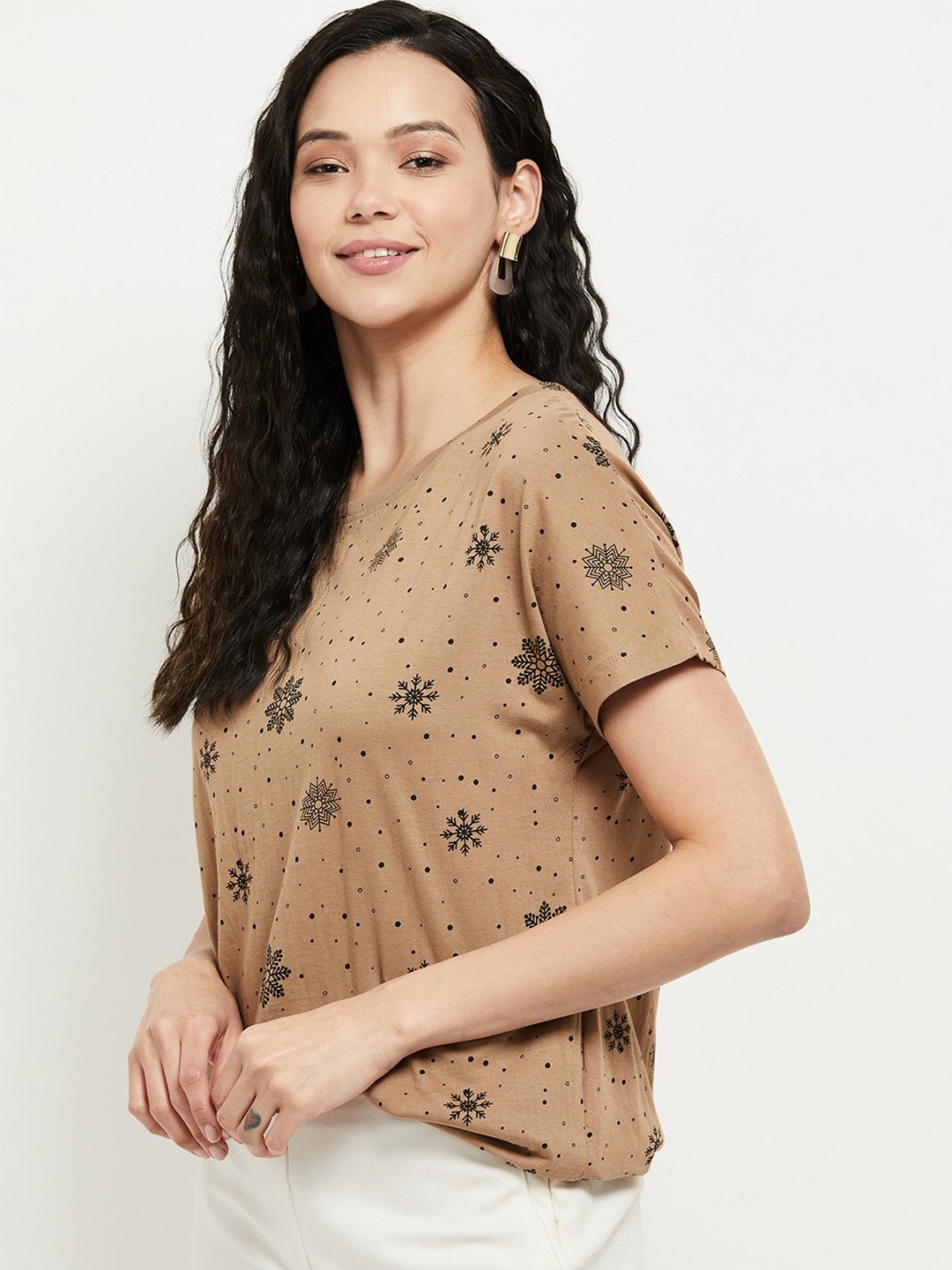 

max Women Brown Printed Pure Cotton T-shirt