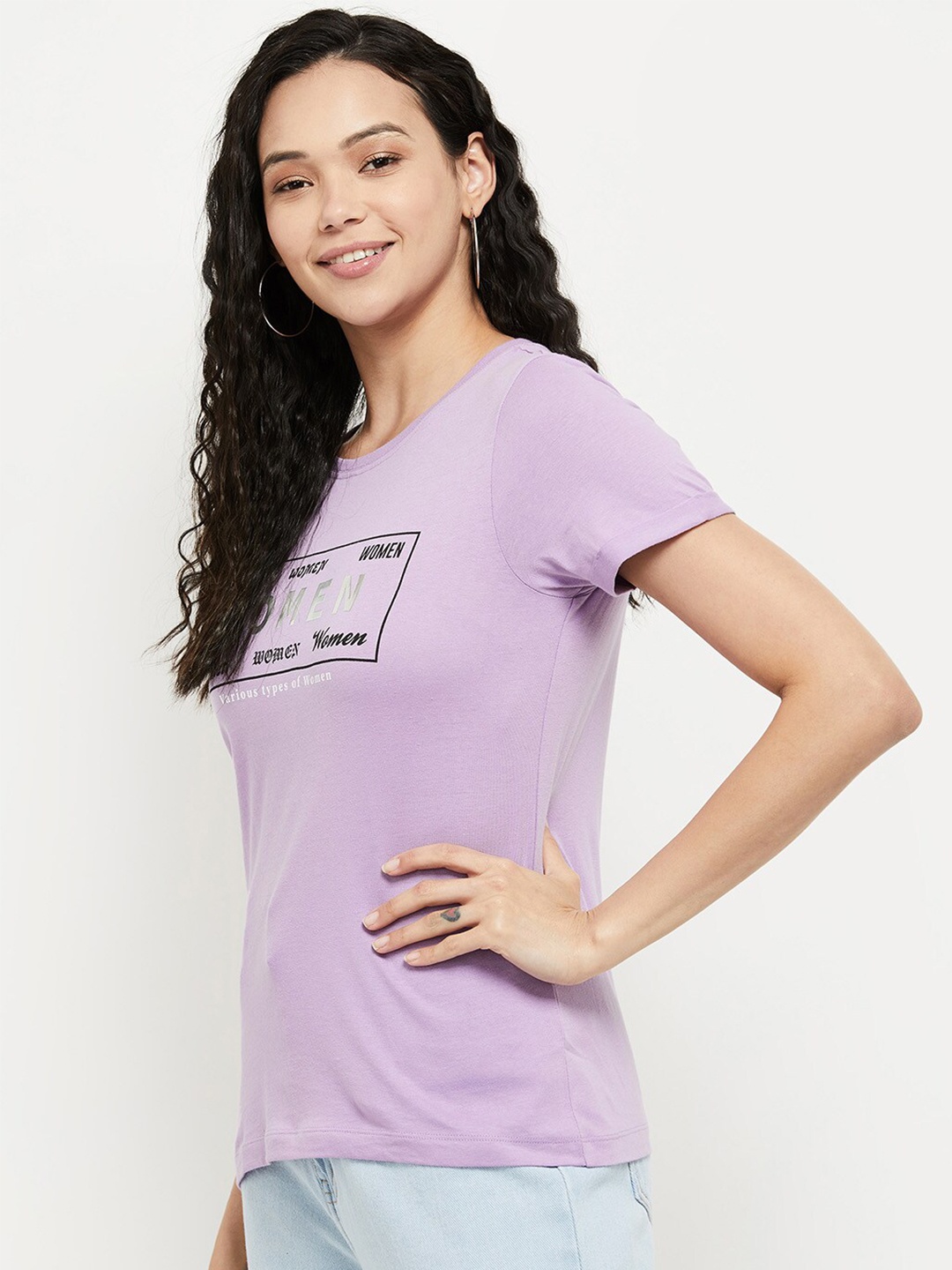 

max Women Purple & Black Typography Printed Cotton T-shirt