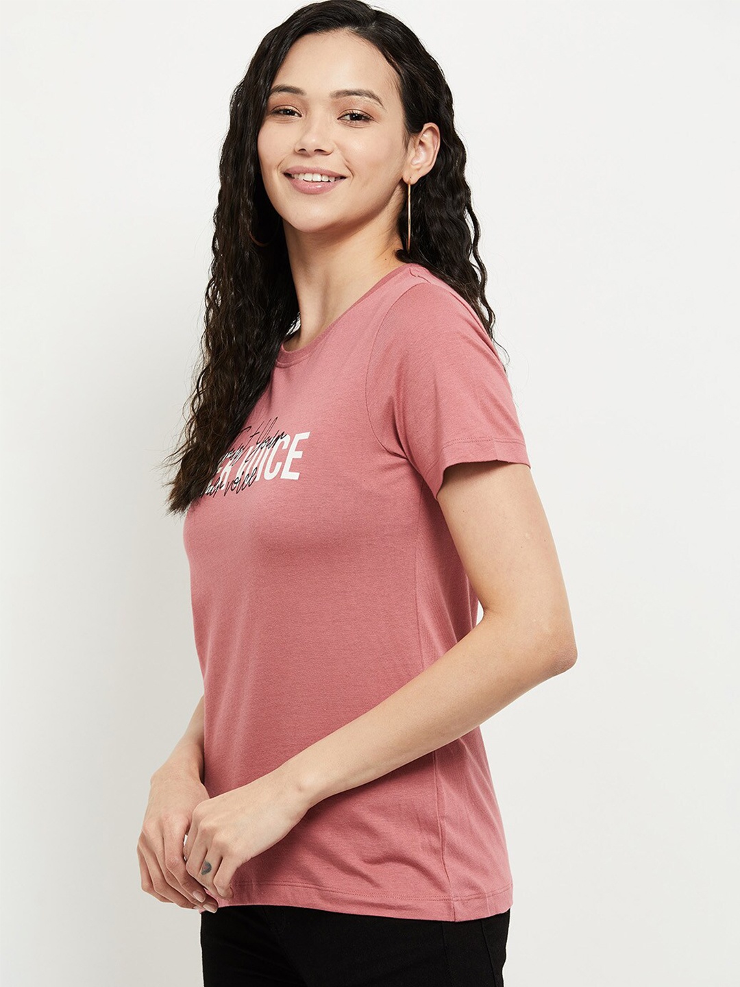 

max Women Pink Typography Printed Pure Cotton T-shirt