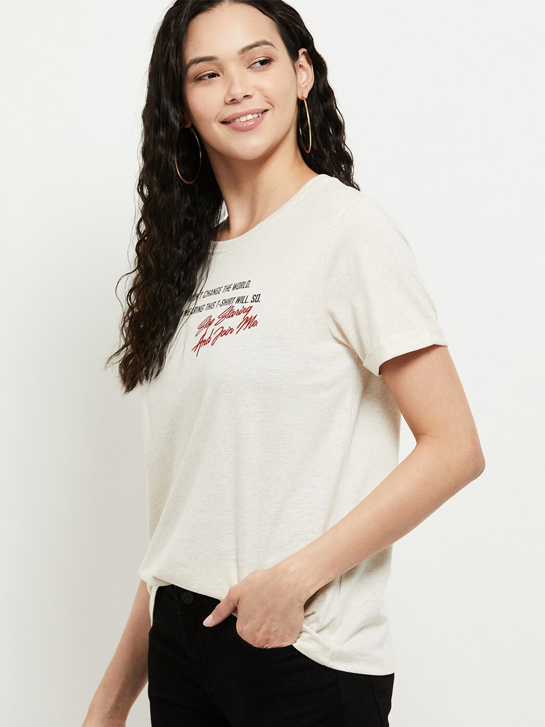 

max Women Beige Printed Pure Cotton T-shirt