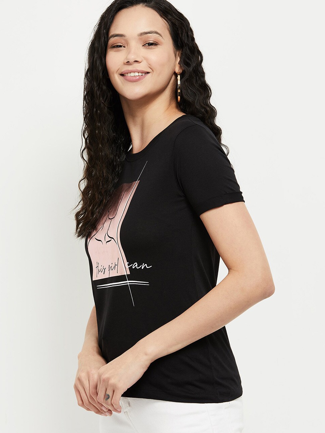 

max Women Black Graphic Printed Pure Cotton T-shirt