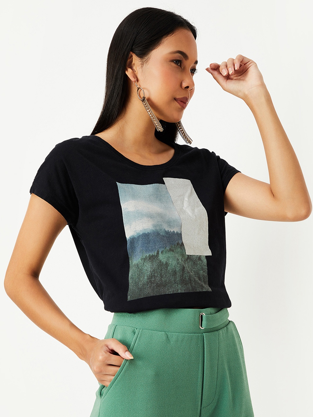 

max Women Black Printed Pure Cotton T-shirt
