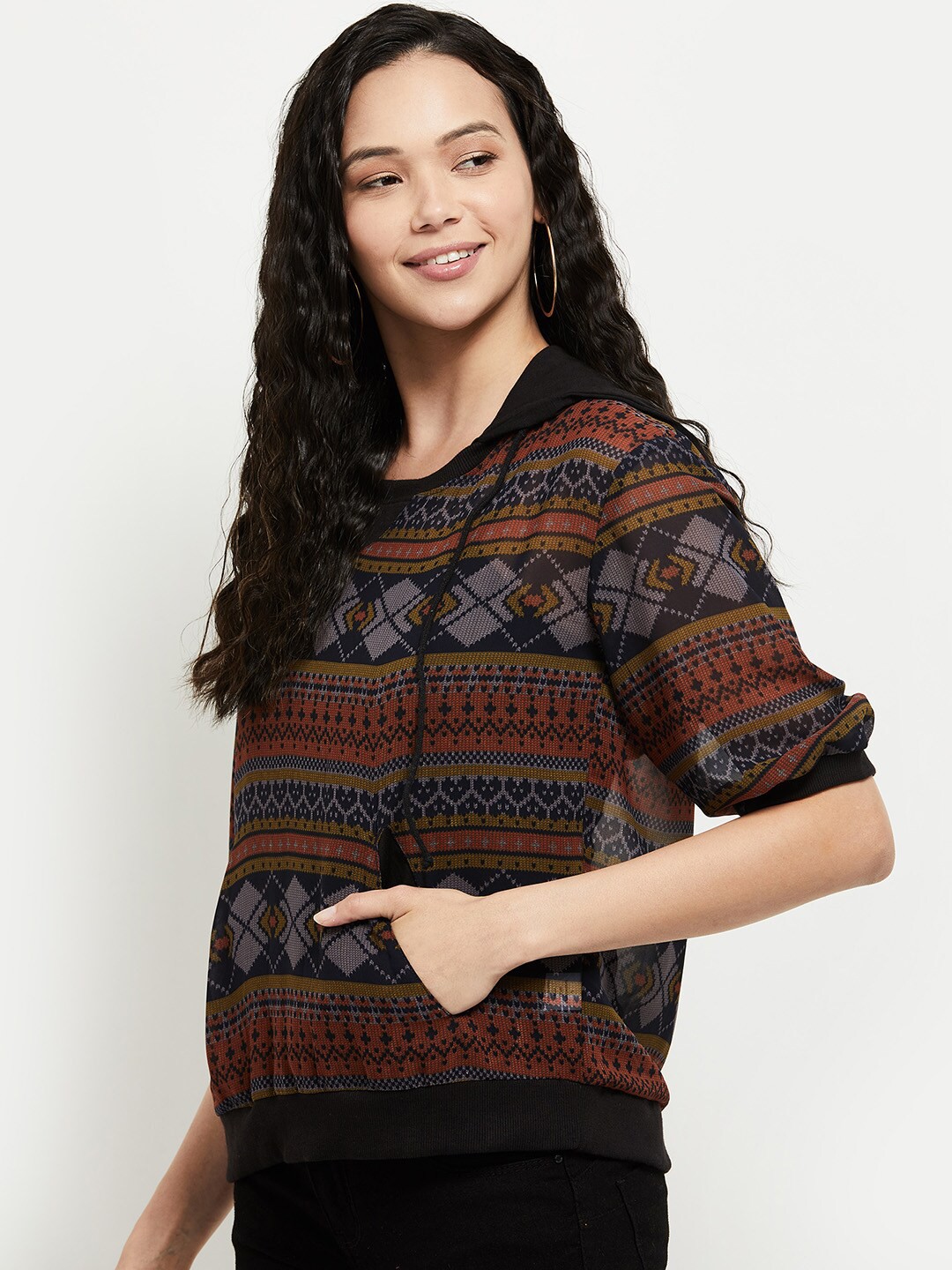 

max Multicoloured Tribal Printed Hooded Blouson Top, Multi