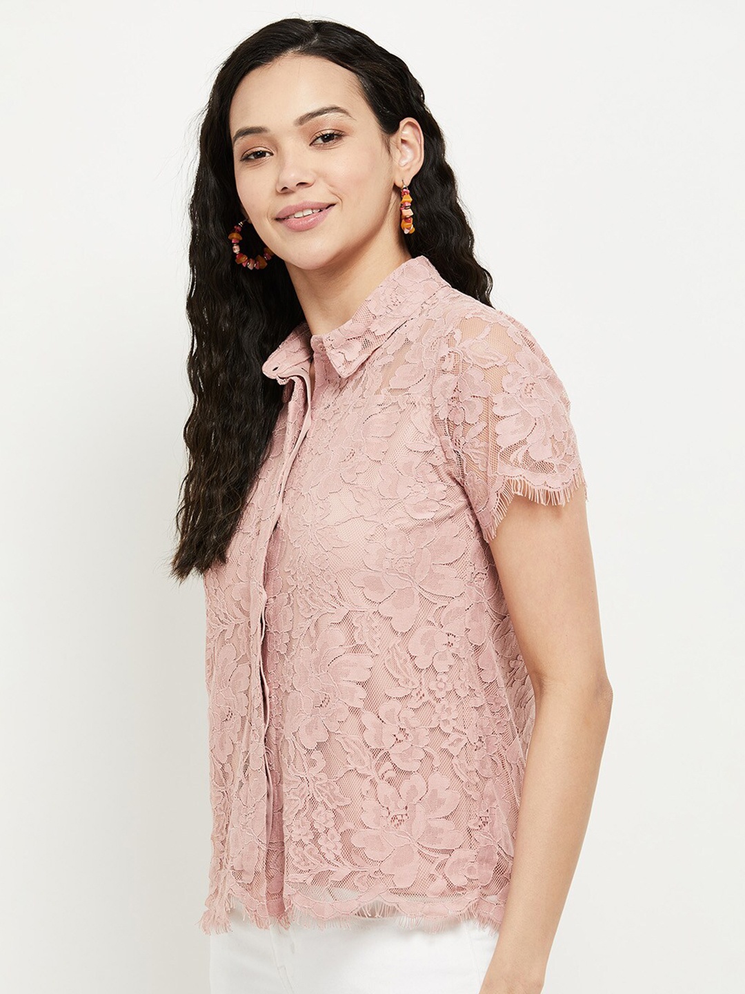 

max Pink Lace Insert Shirt Style Top