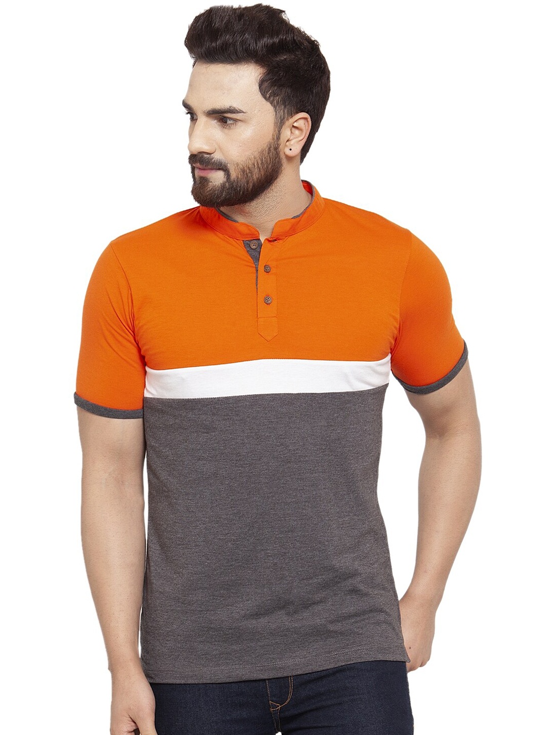 

Kalt Plus Size Men Orange & Grey Solid Colourblocked Mandarin Collar T-shirt