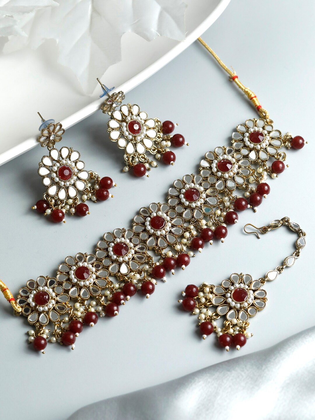 

Priyaasi Gold-Plated Maroon Stone & Mirror Studded Floral Jewellery Set