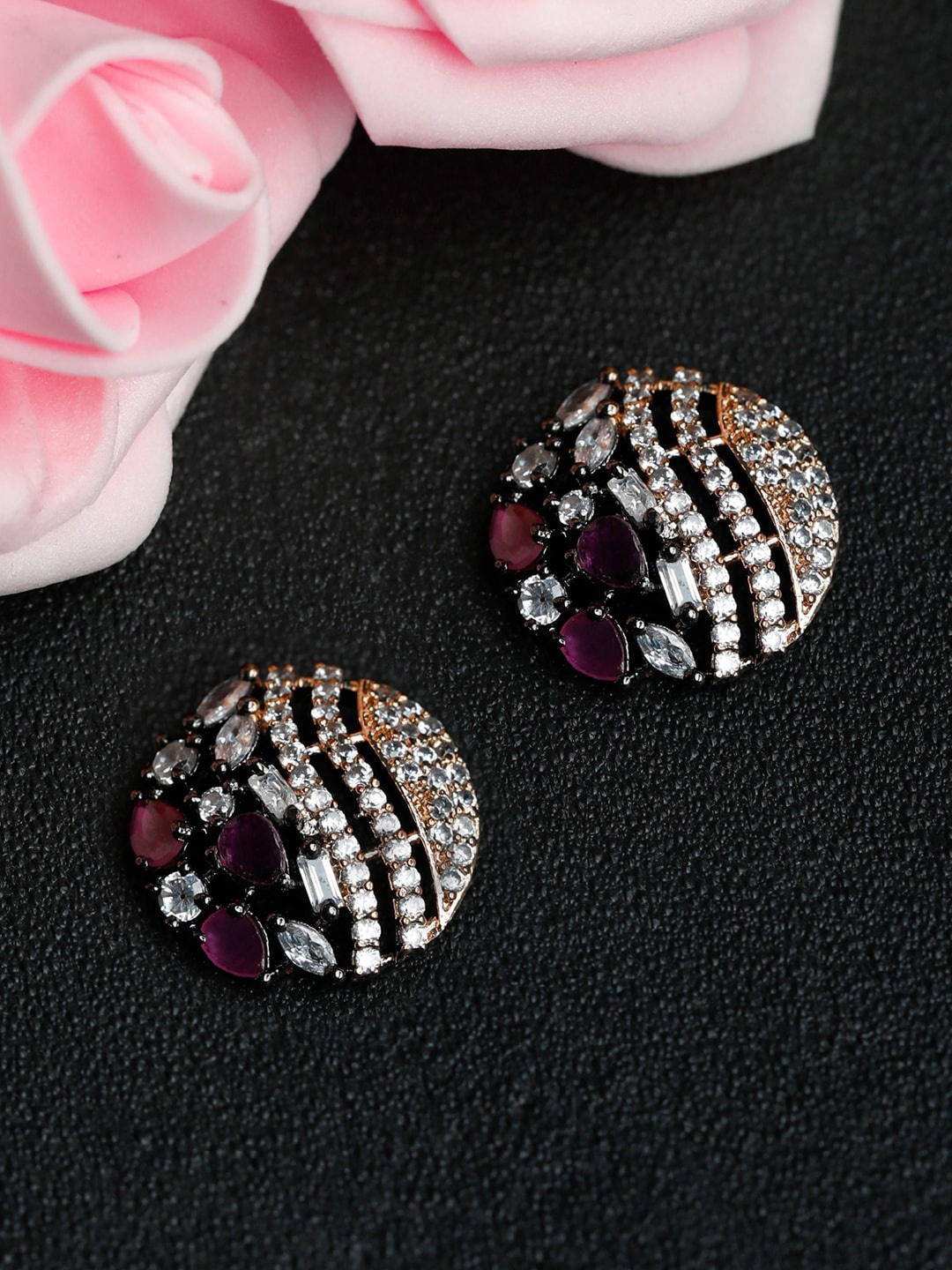 

Priyaasi Rose Gold-Plated Purple American Diamond Studded Floral Studs